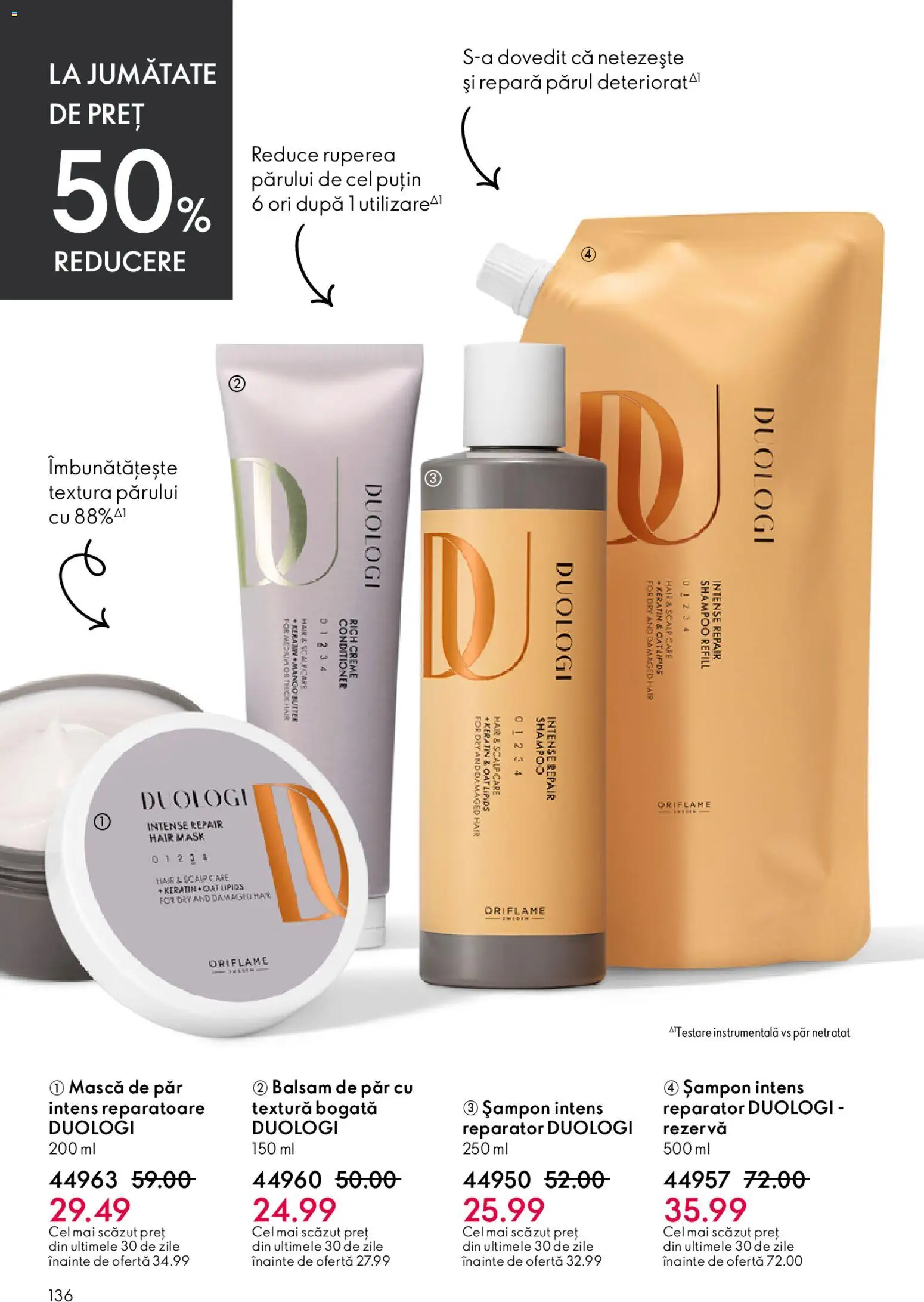 Noul catalog Oriflame – valabil de la 15.04.2026 | Pagină: 136 | Produse: Șampon, Balsam, Mască de păr, Balsam de păr