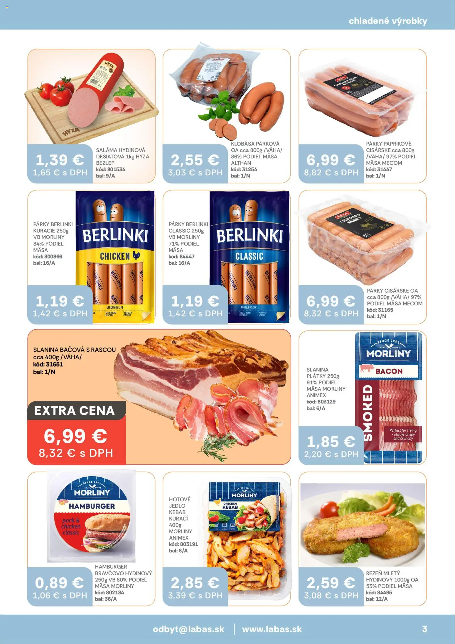 Nové Labaš akcie – leták je platný od 10.04.2026 | Strana: 3 | Produkty: Saláma, Slanina, Klobása, Párky