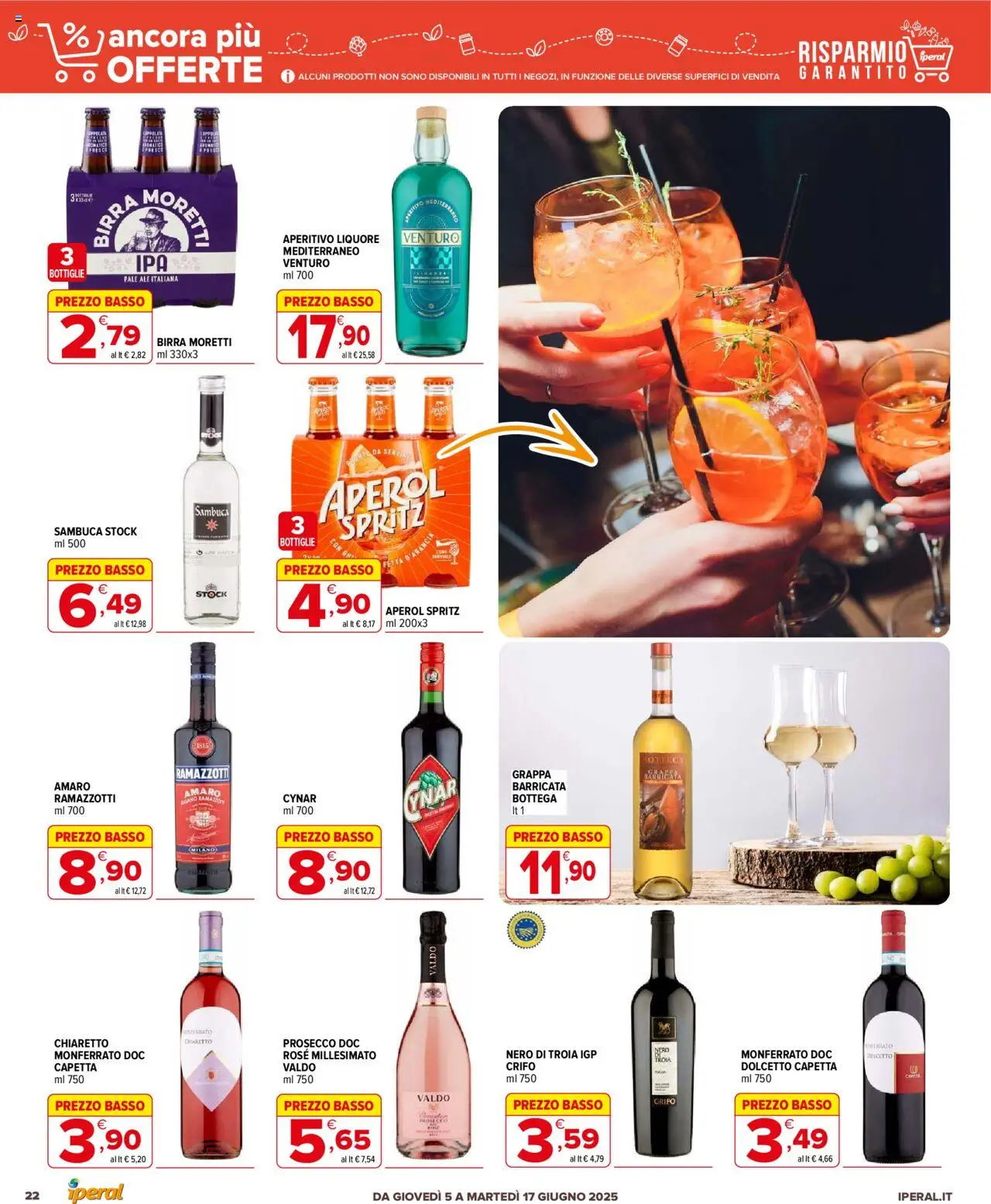 Volantino Iperal del 05.06.2025 | Pagina: 22 | Prodotti: Birra, Prosecco, Birra Moretti, Aperol