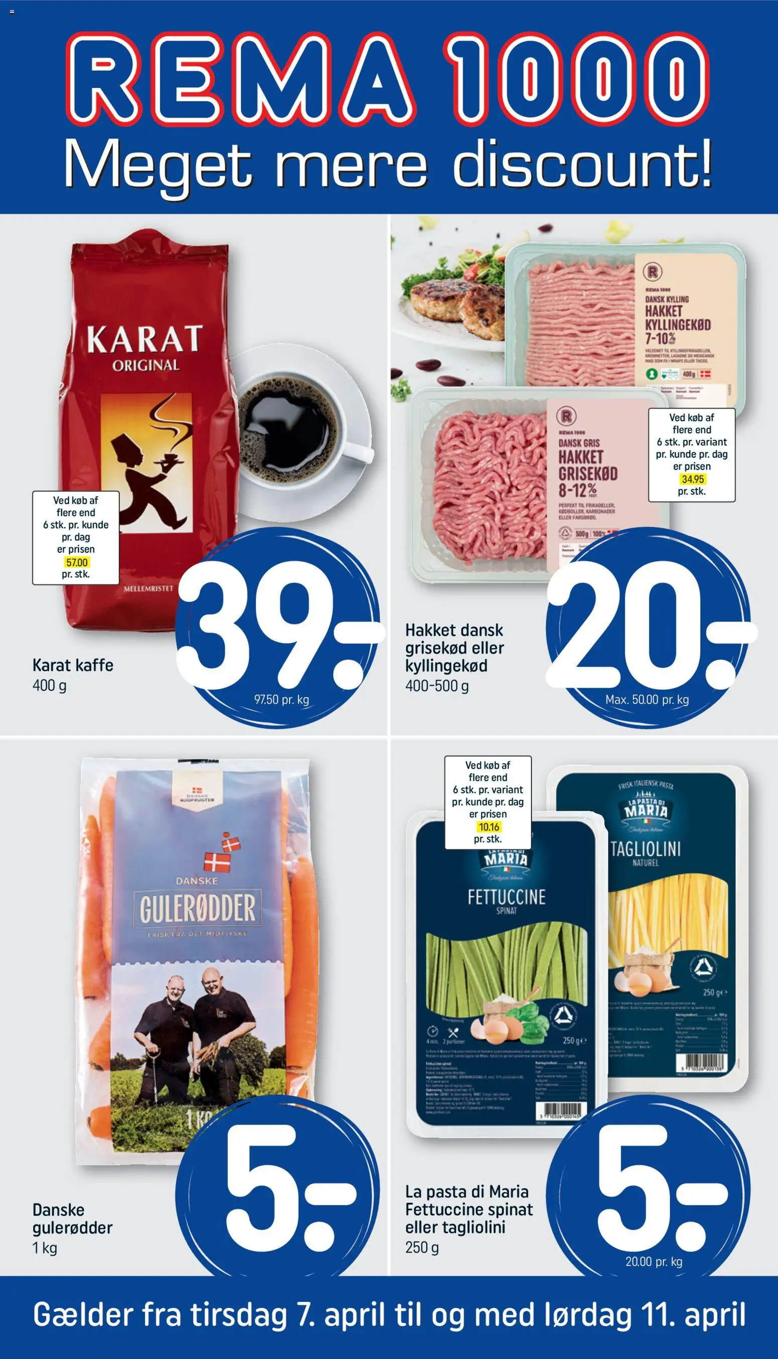 Rema 1000 tilbudsavis – gyldig fra 07.04.2026 | Side: 1 | Produkter: Kaffe, Pasta, Gulerødder, Spinat