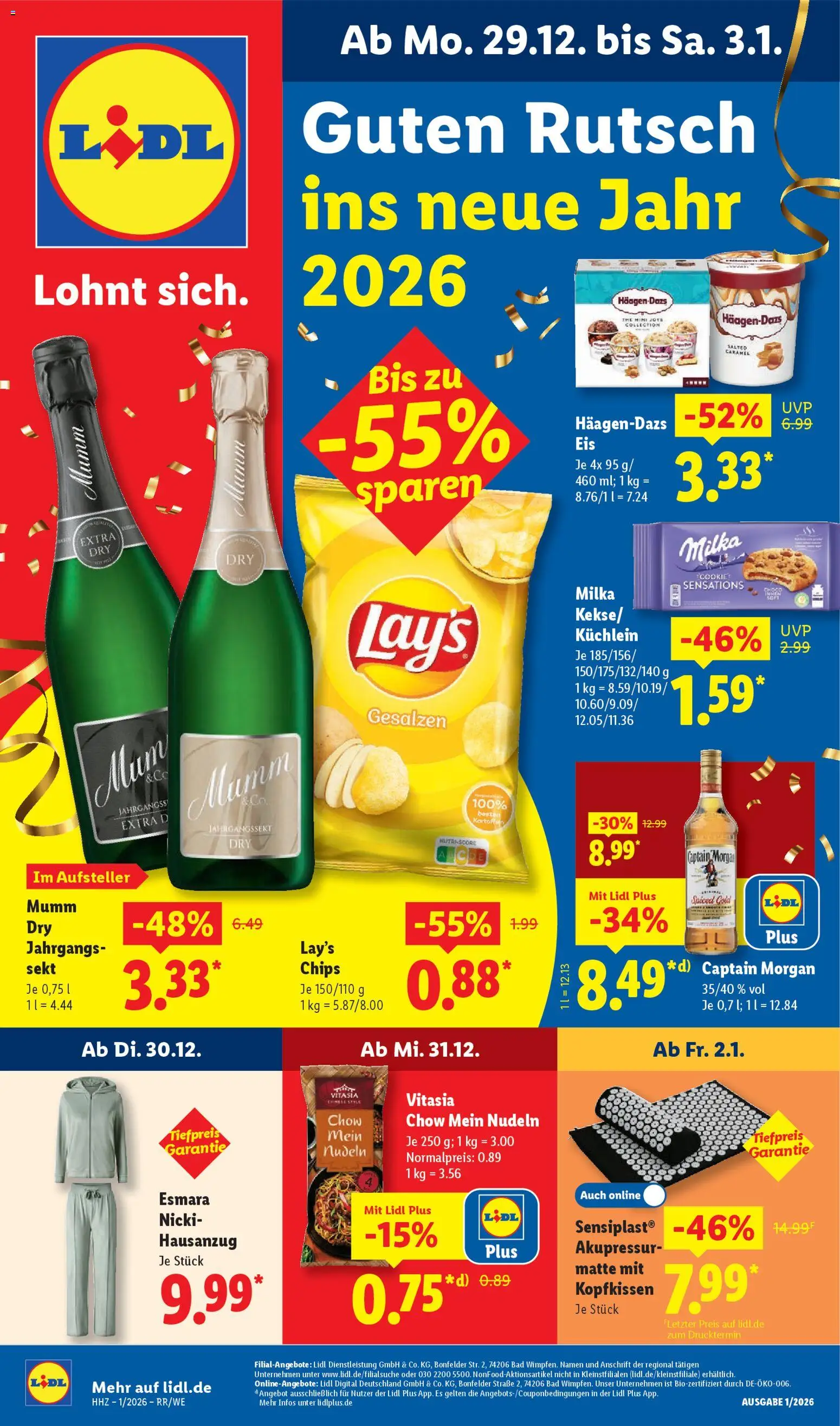 Lidl Prospekt Aarbergen – gültig ab 29.12.2025 | Seite: 1 | Produkte: Sekt, Milka, Captain morgan, Chips