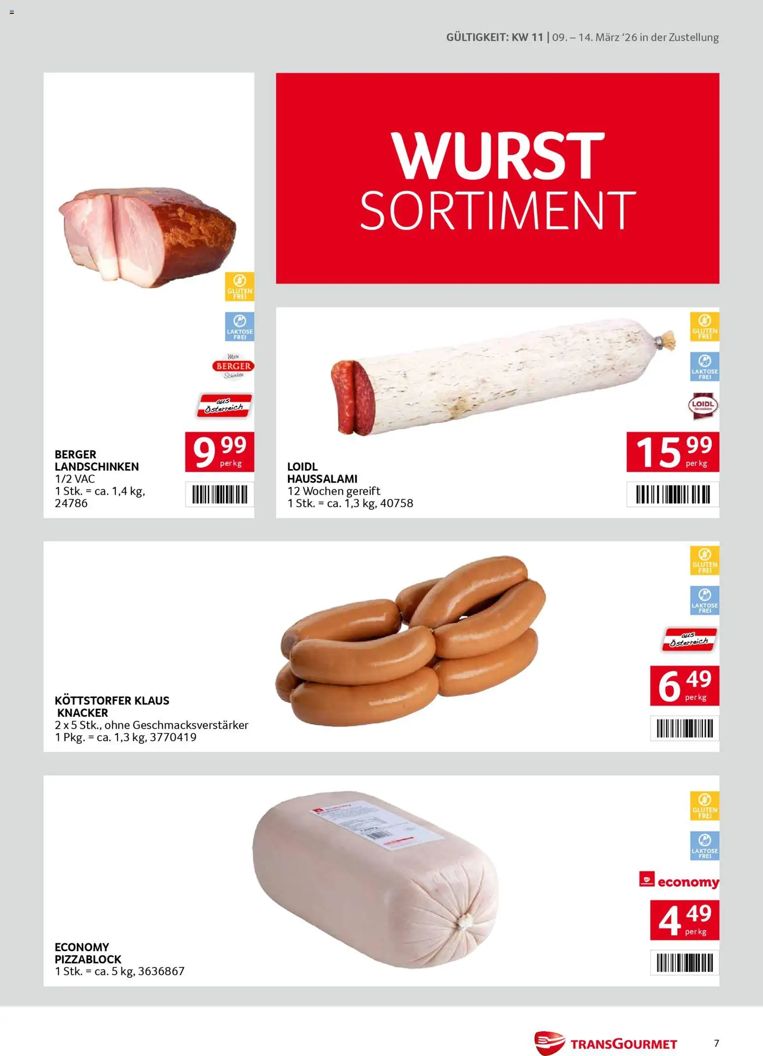 Transgourmet Zustellaktion gültig ab 09.03.2026 | Seite: 7 | Produkte: Wurst, Schinken