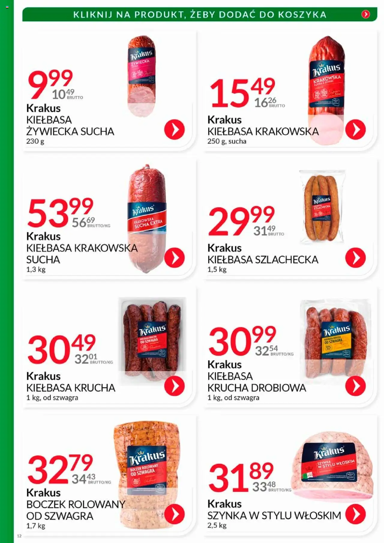 Eurocash Gazetka - Katalog Wędlin od 01.08.2025 | Strona: 12 | Produkty: Kiełbasa, Szynka, Kiełbasa krakowska, Boczek