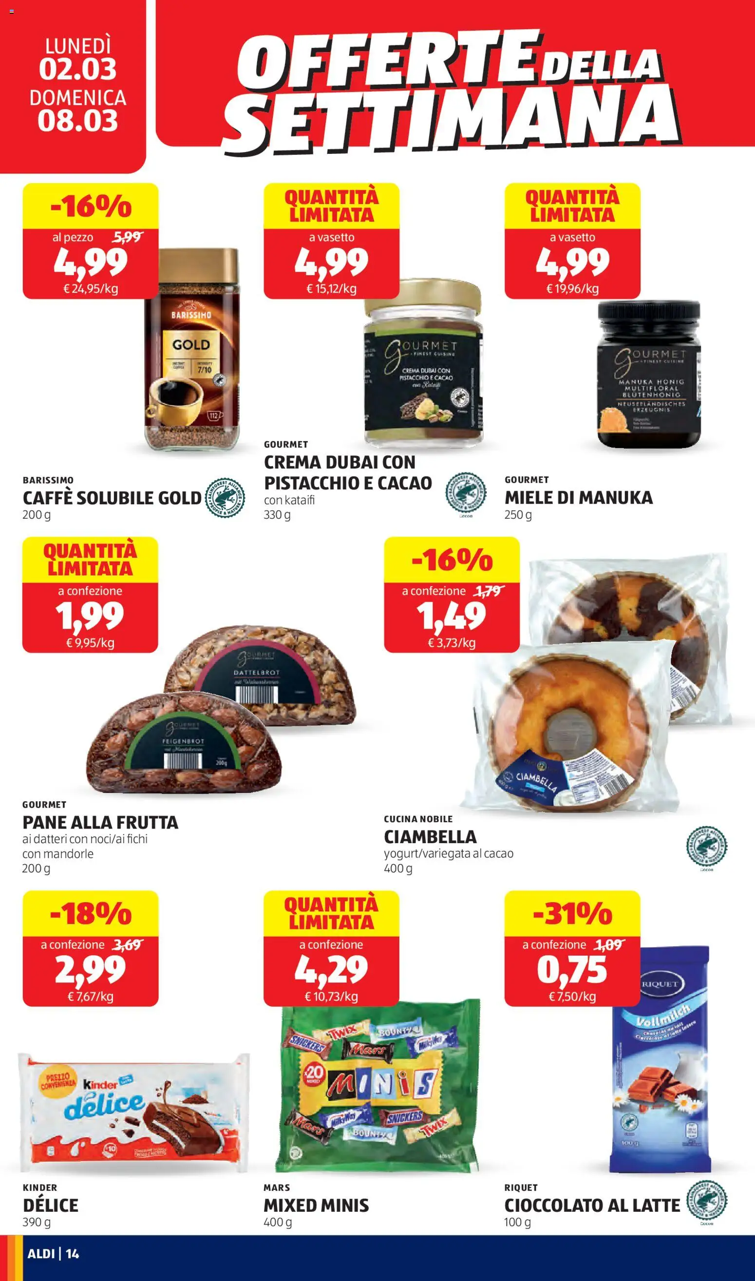 Volantino Aldi del 02.03.2026 | Pagina: 14 | Prodotti: Pane, Caffè, Cioccolato, Mandorle