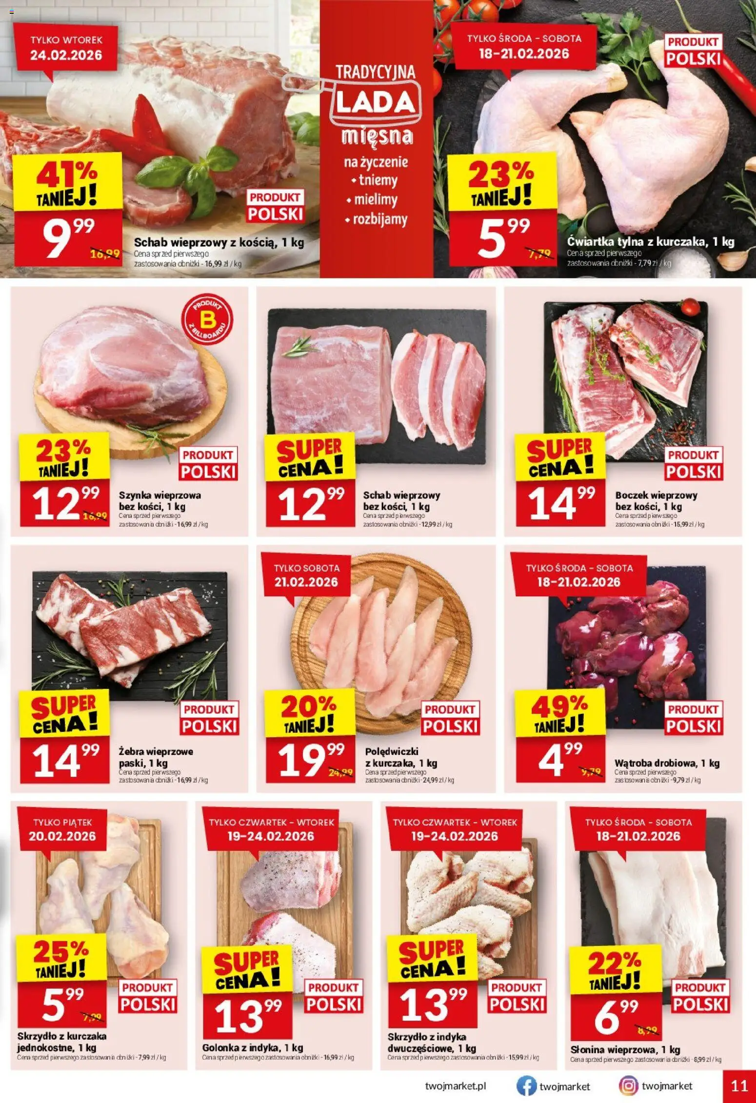 Twój Market Gazetka od 18.02.2026 | Strona: 11 | Produkty: Słonina, Boczek wieprzowy, Szynka, Boczek