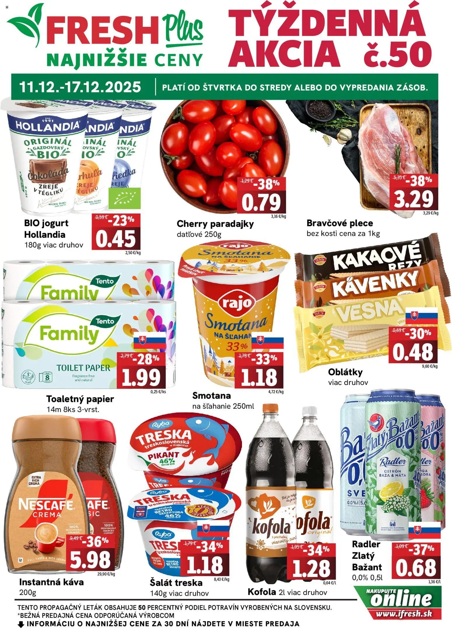 Nové Fresh akcie – leták je platný od 11.12.2025 | Strana: 1 | Produkty: Jogurt, Káva, Radler, Šalát