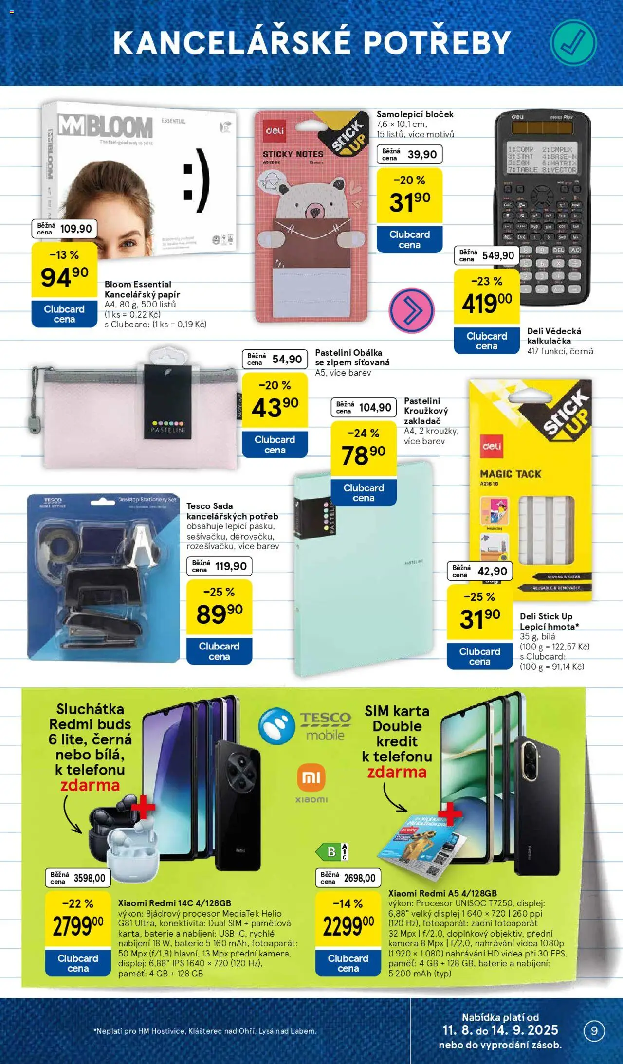 Tesco katalog od 11.08.2025 | Strana: 9 | Produkty: Kancelářský papír, Smartphone, Sluchátka, Xiaomi