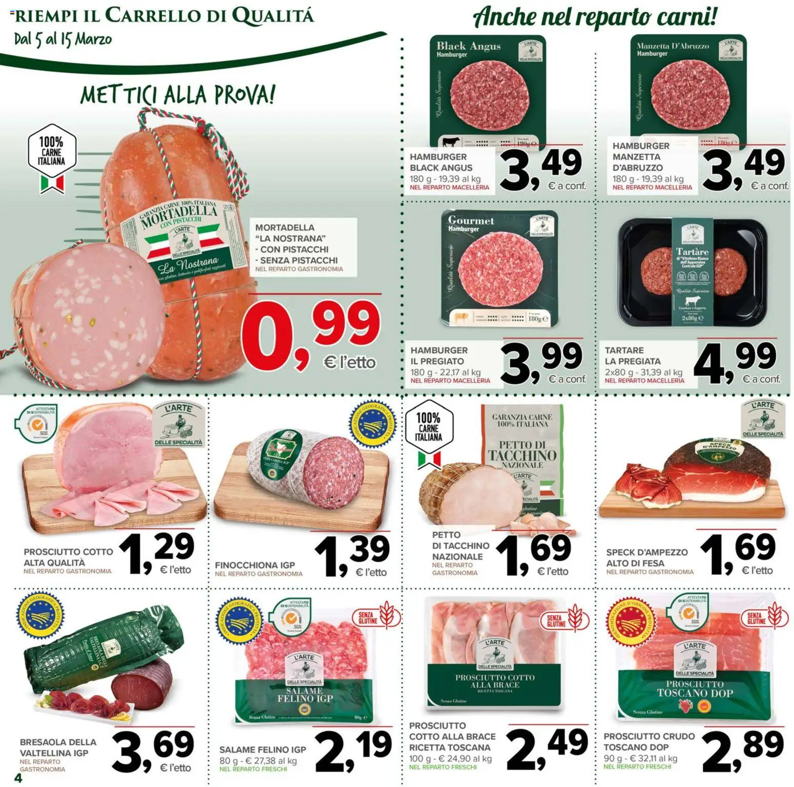 Volantino Todis del 05.03.2026 | Pagina: 4 | Prodotti: Prosciutto Crudo, Bresaola, Tacchino, Hamburger