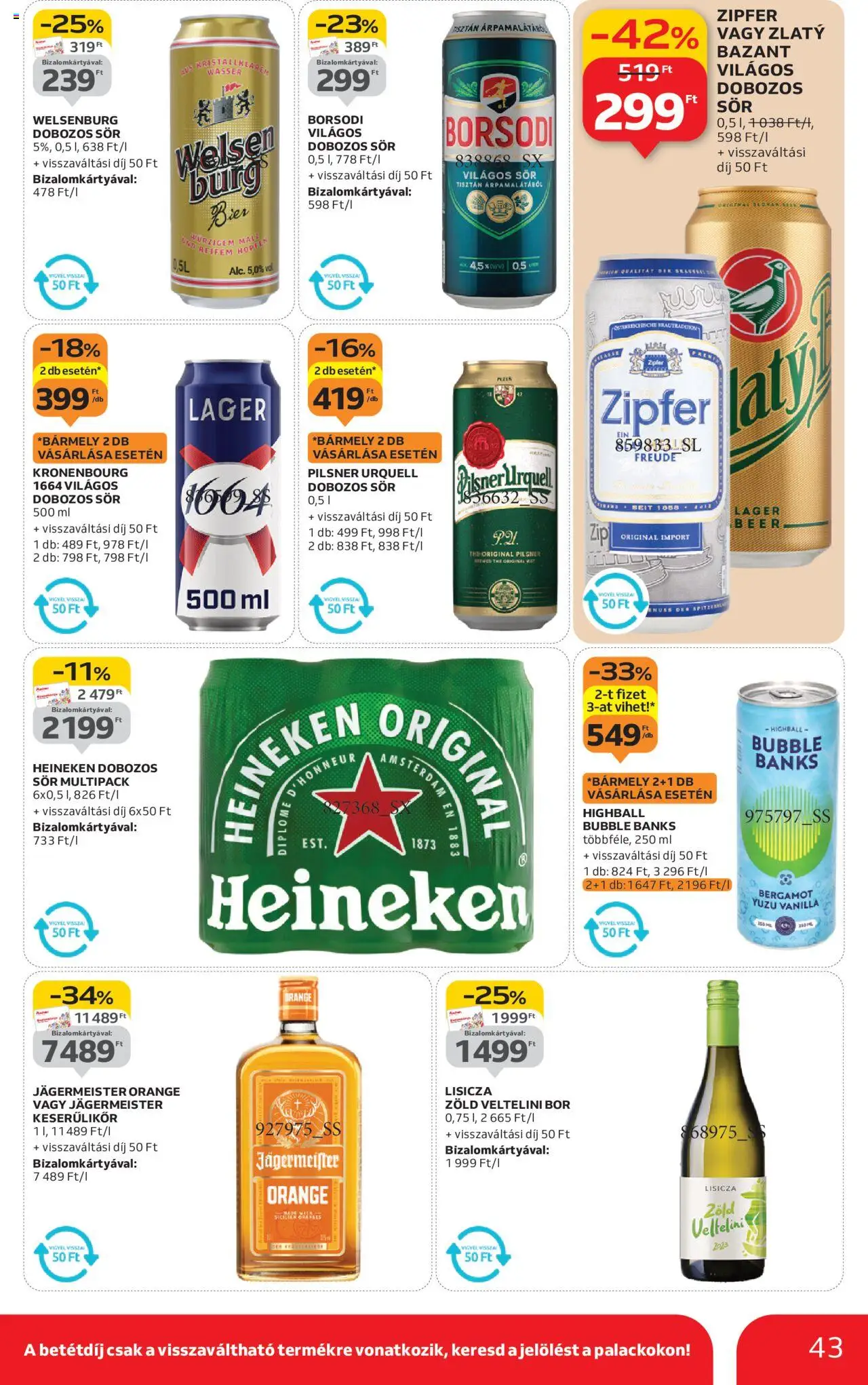 Auchan akciós ujság - amely érvényes a következő dátumtól: 09.10.2025 | Oldal: 43 | Termékek: Heineken, Pilsner urquell, Bor, Sör