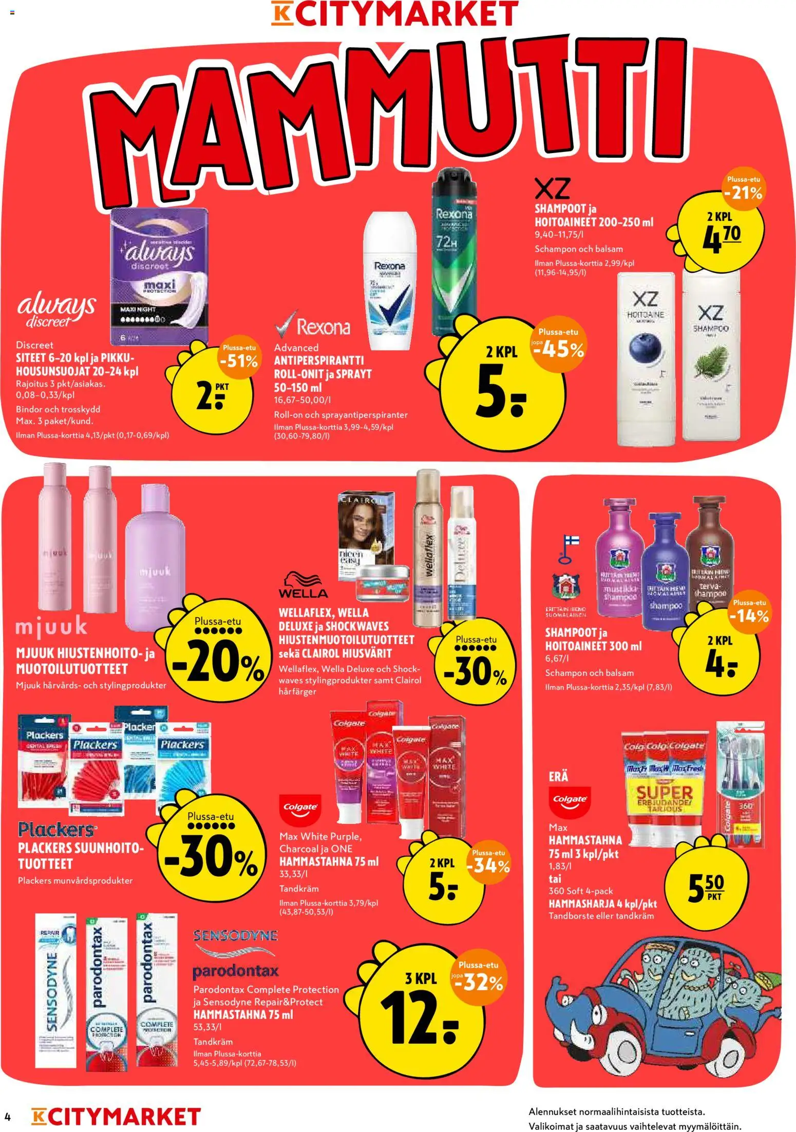 K-Citymarket tarjoukset – voimassa 16.03.2026 alkaen | Sivu: 4 | Tuotteet: Shampoo, Hammastahna, Hammasharja, Siteet