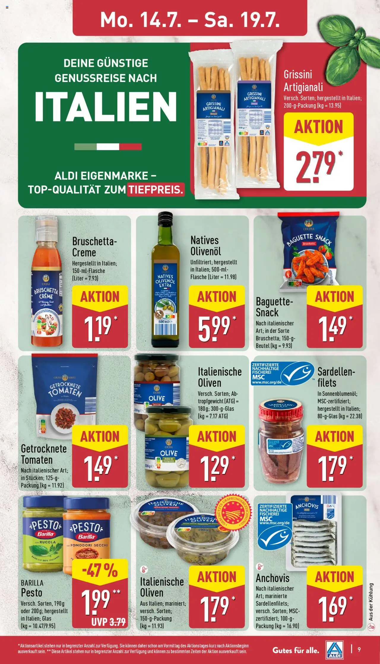 Aldi Prospekt 	 - gültig ab dem 14.07.2025 | Seite: 9 | Produkte: Barilla pesto, Rucola, Baguette, Creme