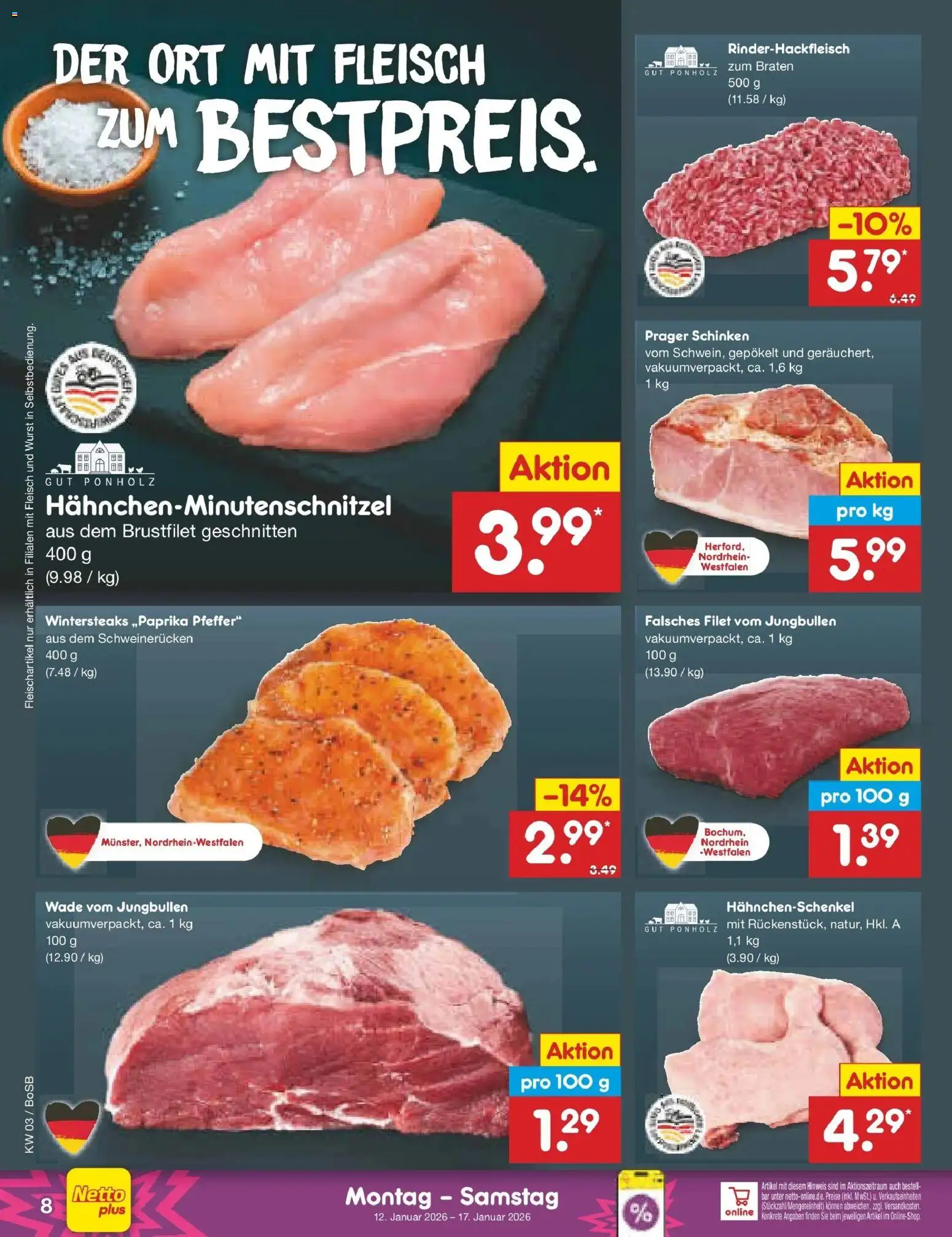 Netto Marken-Discount prospekt Stadtlohn	 – gültig ab 12.01.2026 | Seite: 8 | Produkte: Hahnchenschenkel, Schweinerucken, Schinken, Fleisch