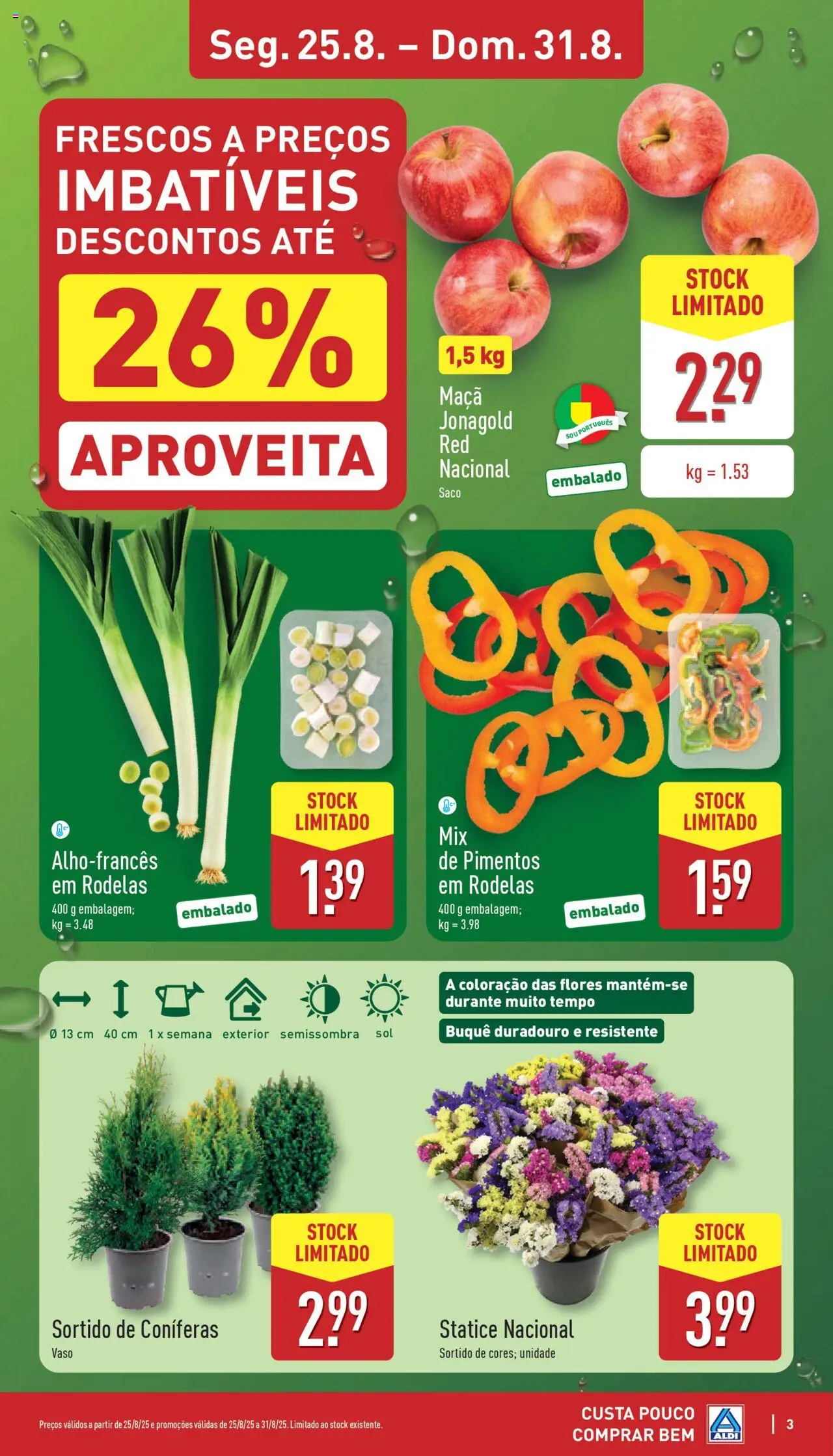 Aldi folheto │ válido de 25.08.2025 | Página: 3 | Produtos: Flores, Maça, Vaso