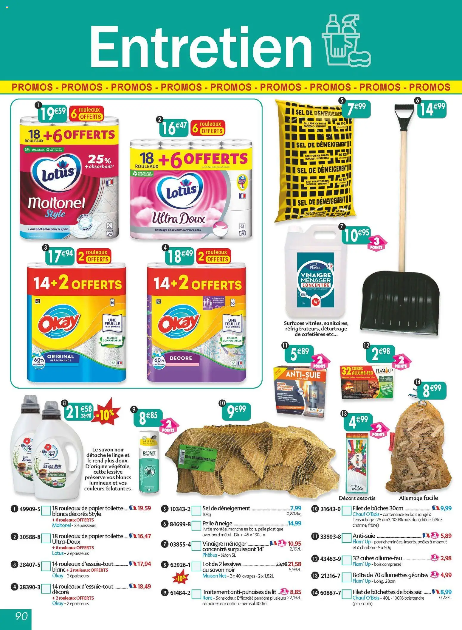 {H1} | Page: 90 | Produits: Papier toilette, Lit, Bois de chauffage, Lessive