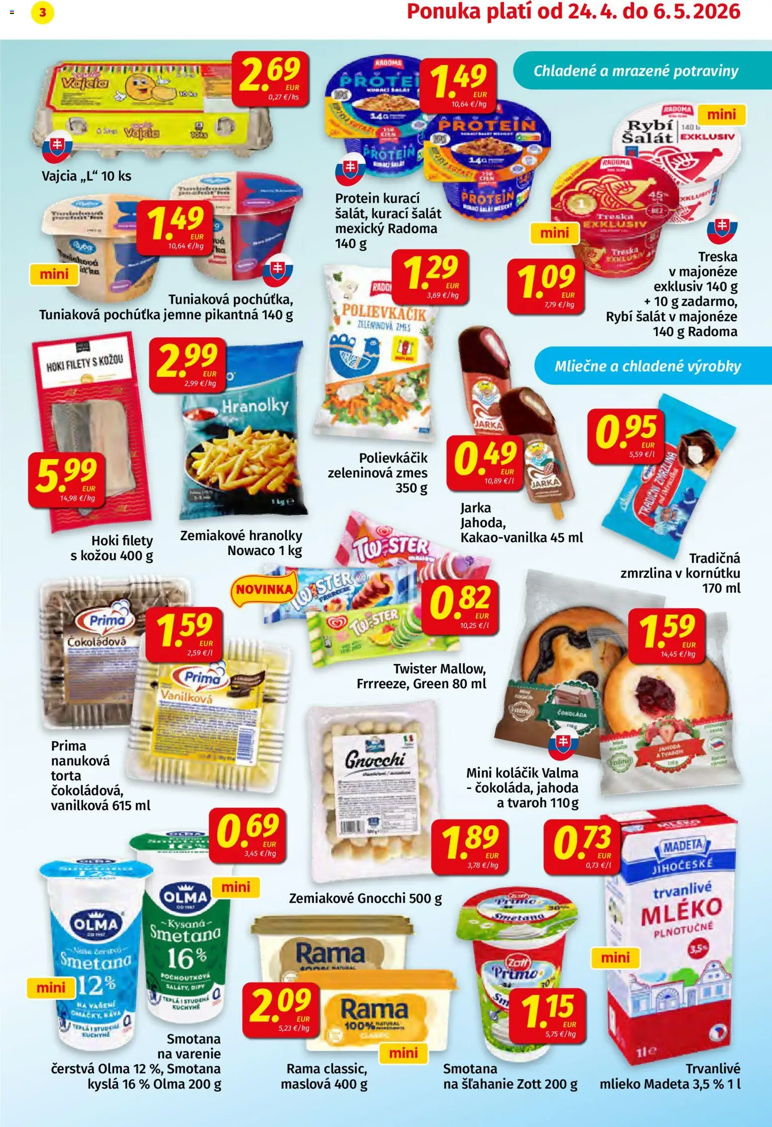 Nové Koruna akcie – leták je platný od 24.04.2026 | Strana: 3 | Produkty: Torta, Šalát, Rama, Treska