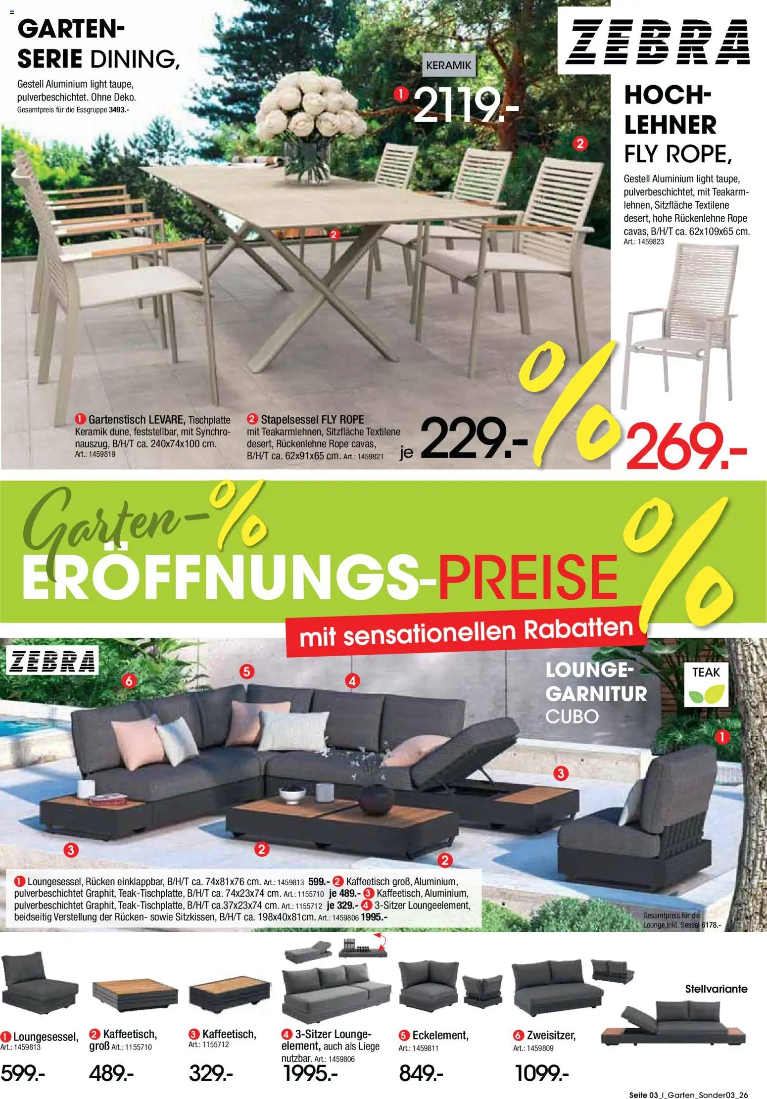 Zurbrüggen Garten Eröffnungspreise – gültig ab 27.04.2026 | Seite: 3 | Produkte: Essgruppe, Sessel, Liege