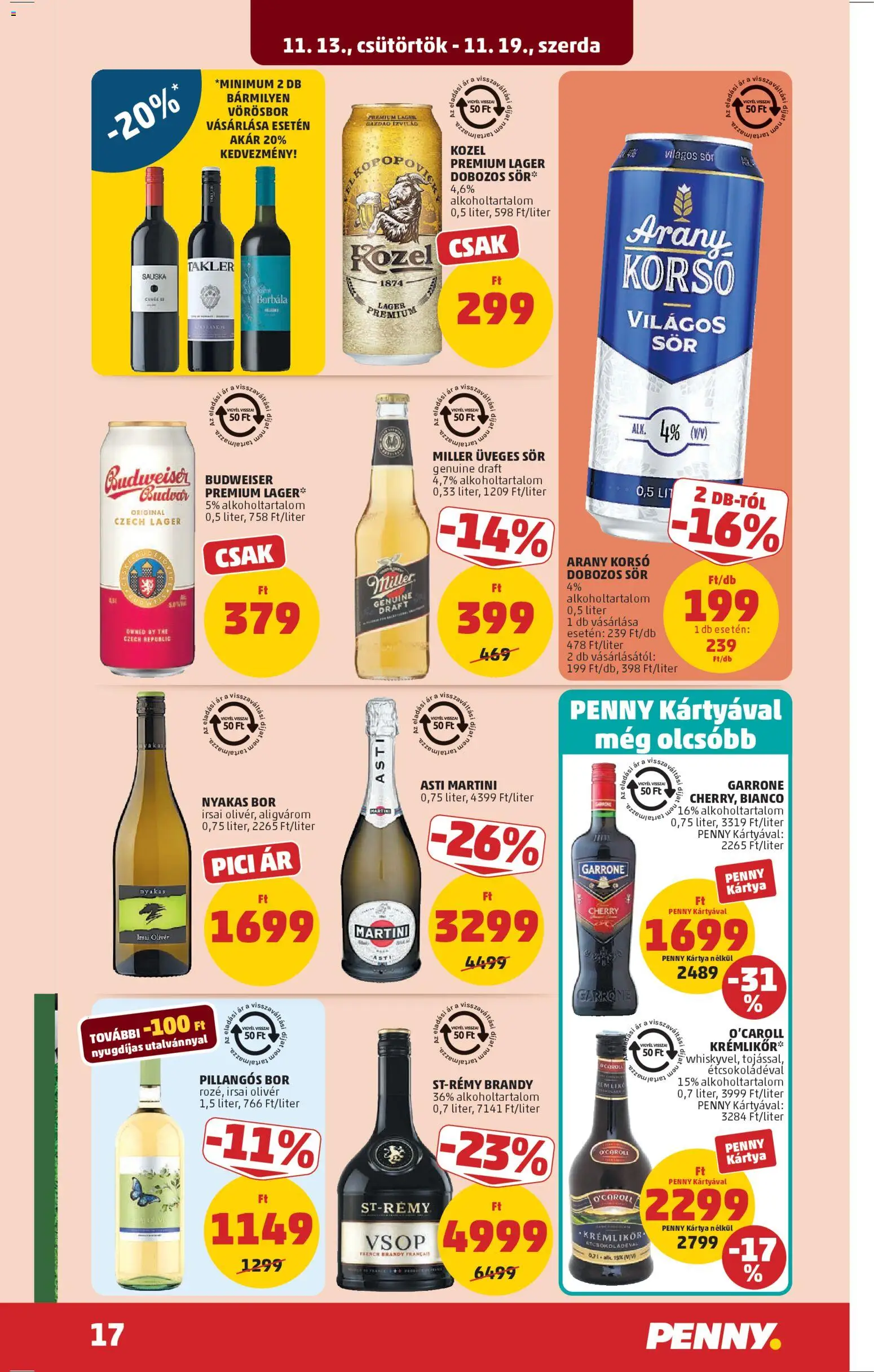 PENNY akciós ujság - amely érvényes a következő dátumtól: 13.11.2025 | Oldal: 21 | Termékek: Budweiser, Bor, Sör, Vörösbor