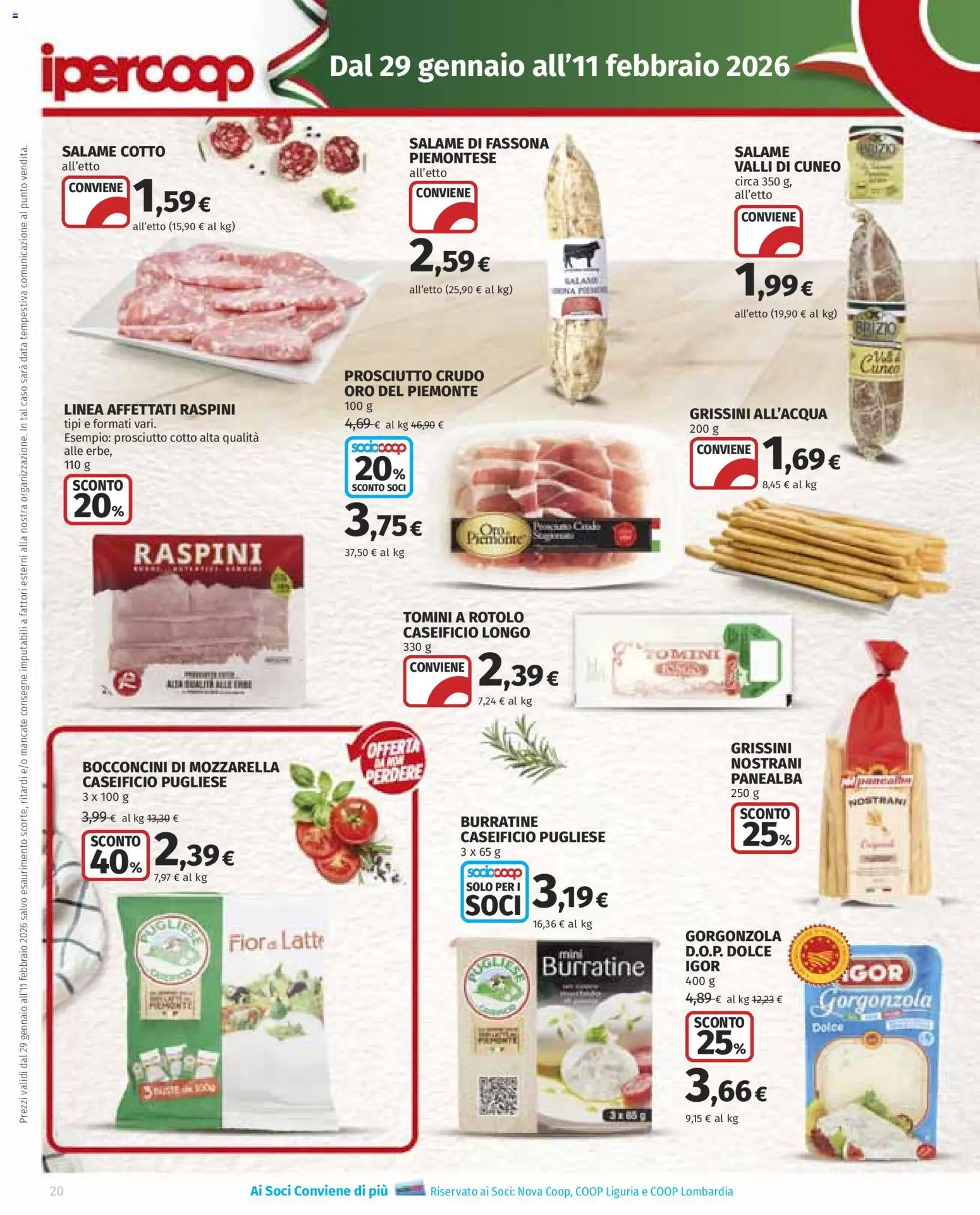 Volantino Ipercoop del 29.01.2026 | Pagina: 20 | Prodotti: Prosciutto Crudo, Prosciutto Cotto, Mozzarella, Data