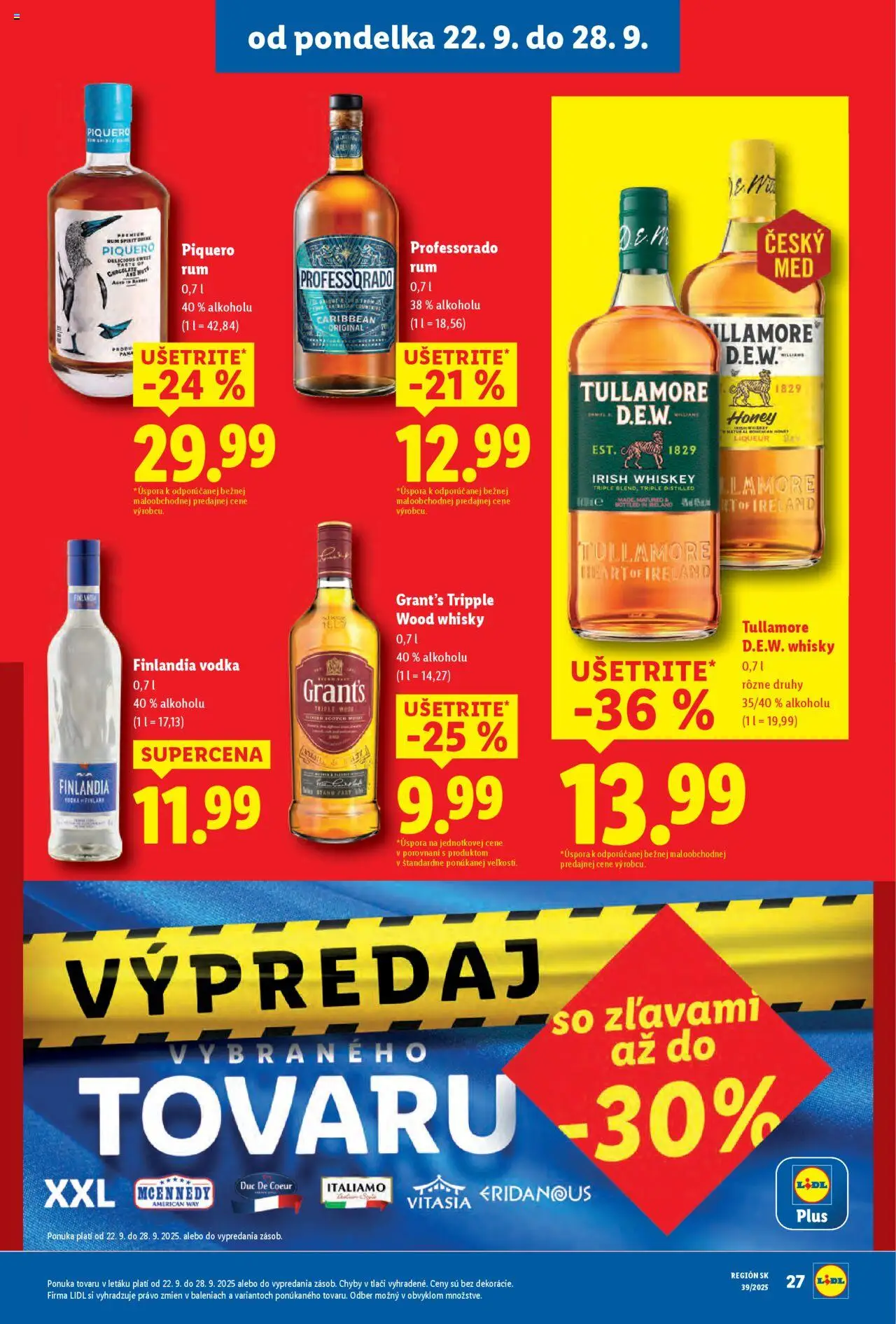 Nové Lidl akcie – leták je platný od 22.09.2025 | Strana: 43 | Produkty: Vodka, Whisky, Finlandia, Rum