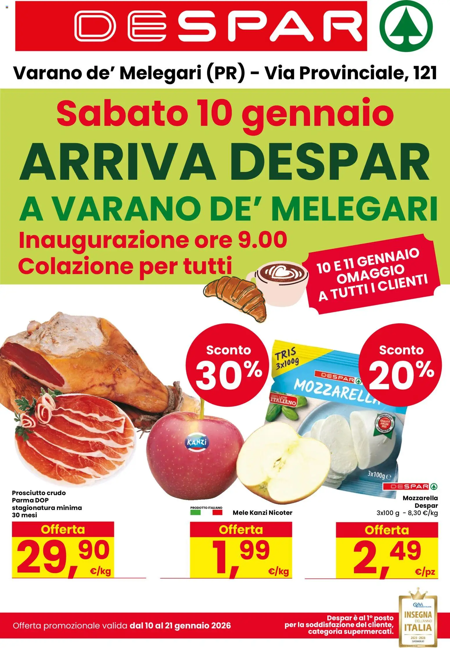 Volantino Despar del 10.01.2026 | Pagina: 1 | Prodotti: Prosciutto Crudo, Mele, Mozzarella, Prosciutto
