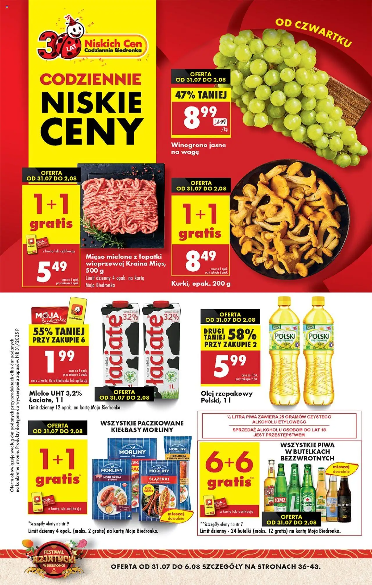 Biedronka gazetka - Oferta W tym tygodniu od 31.07.2025 | Strona: 1 | Produkty: Winogrono, Mięso mielone, Mleko, Heineken