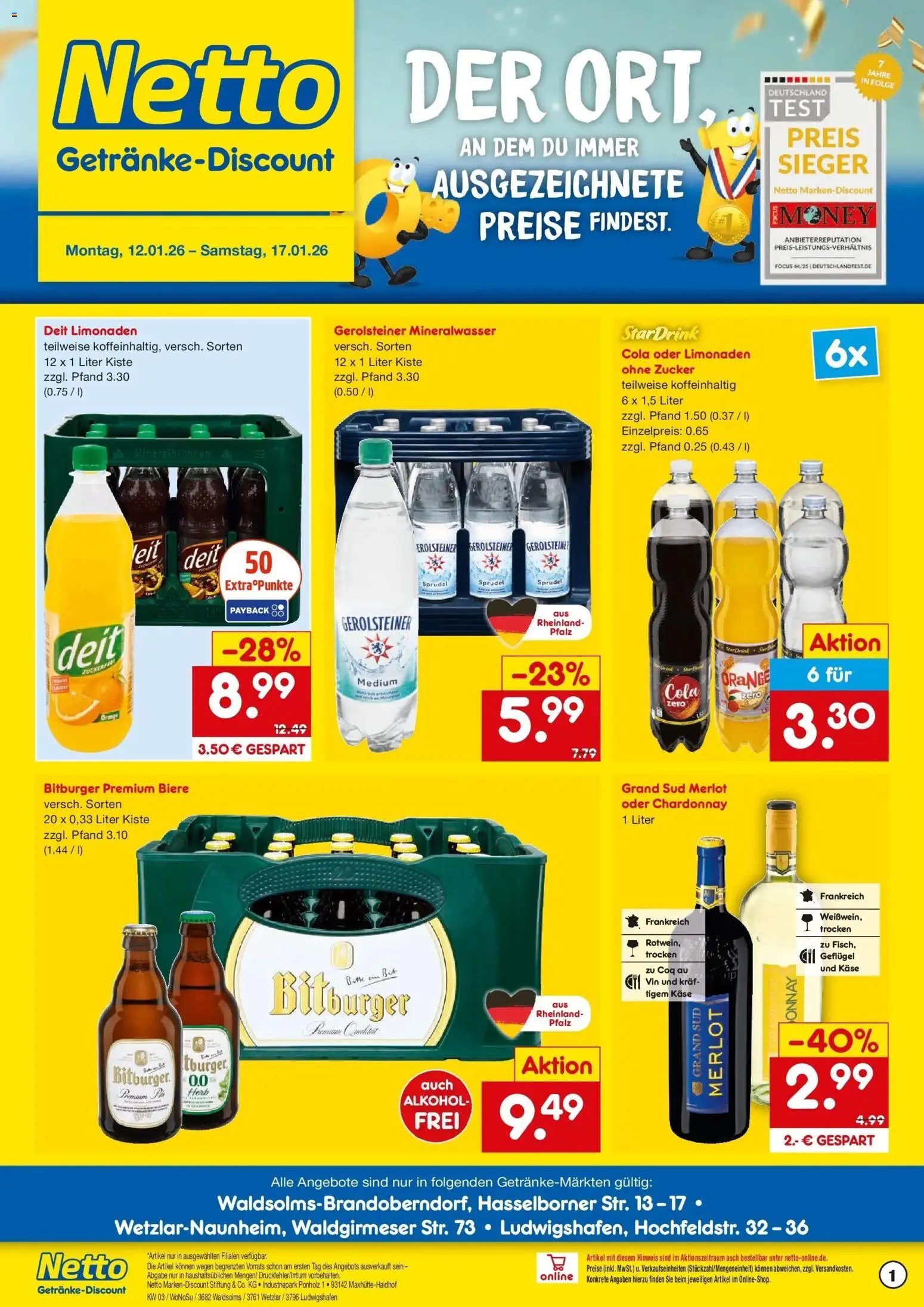 Netto Marken-Discount prospekt Ludwigshafen	 – gültig ab 12.01.2026 | Seite: 1 | Produkte: Cola, Käse, Mineralwasser, Gerolsteiner