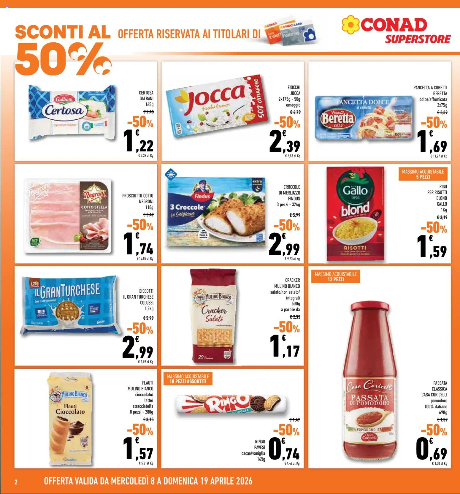 Volantino Conad del 08.04.2026 | Pagina: 2 | Prodotti: Cioccolato, Pancetta, Fiocchi, Latte