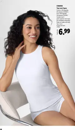 Pré-visualização Top com Copas, Exterior: 94% algodão, 6% elastano (LYCRA®); forro: 95% algodão, 5% elastano (LYCRA®) Função 2 em 1: parte superior com copas pré-moldadas integradas Pode ser usado sem sutiã Tam. S ao L válido de 20.04.2026 | Página: 38 | Produtos: Top, Sutiã