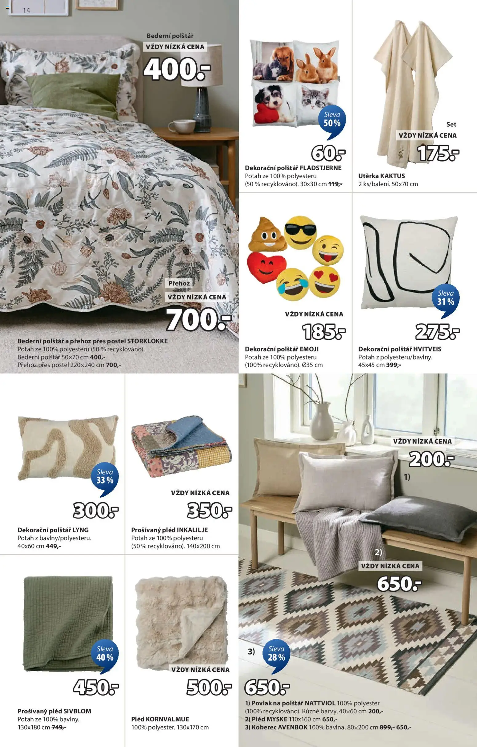 JYSK leták od 31.12.2025 | Strana: 14 | Produkty: Přehoz, Povlak na polštář, Polštář, Utěrka