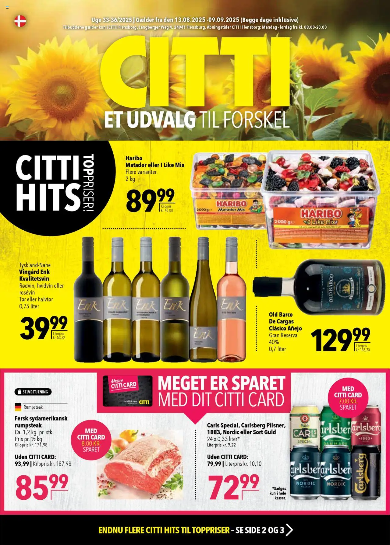 CITTI Markt - Dänemark-Werbung - gültig ab dem 13.08.2025 | Seite: 1 | Produkte: Rumpsteak, Carlsberg, Haribo