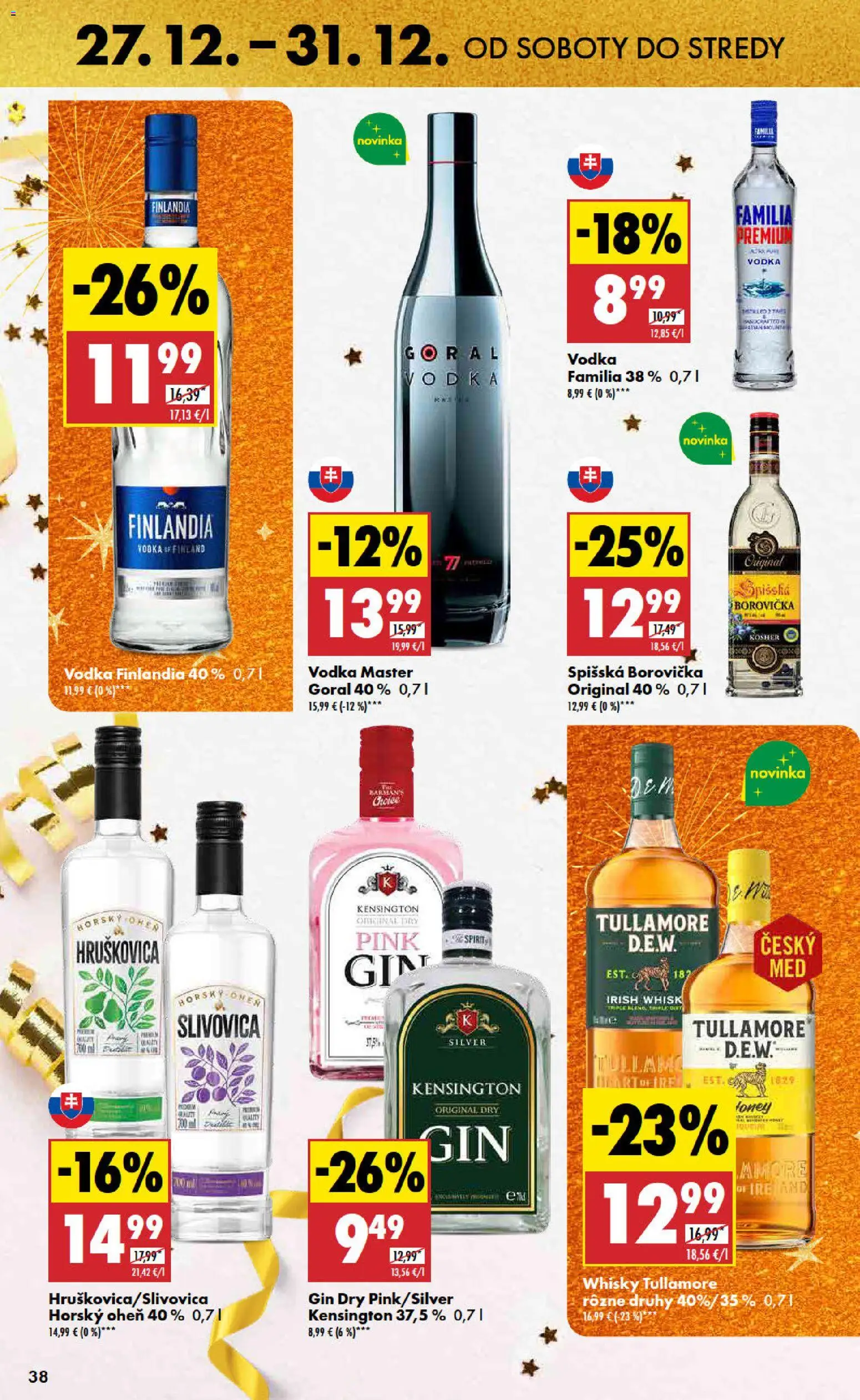 Nové Biedronka akcie – leták je platný od 27.12.2025 | Strana: 38 | Produkty: Borovička, Gin, Whisky, Finlandia