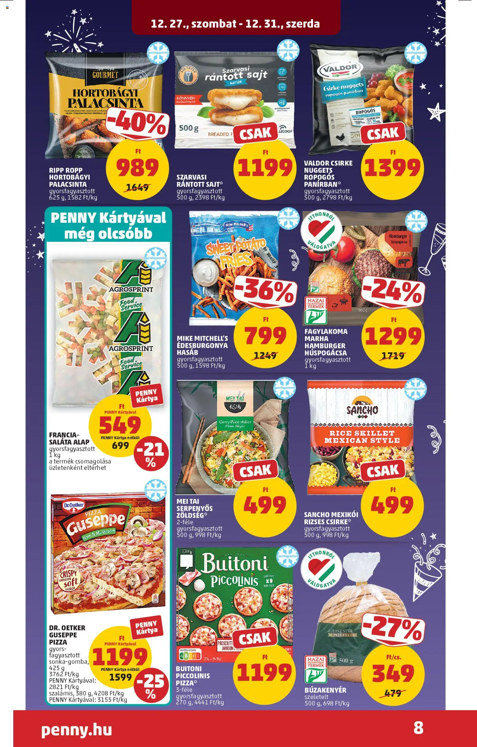 PENNY akciós ujság - amely érvényes a következő dátumtól: 27.12.2025 | Oldal: 12 | Termékek: Nuggets, Rántott sajt, Édesburgonya, Pizza