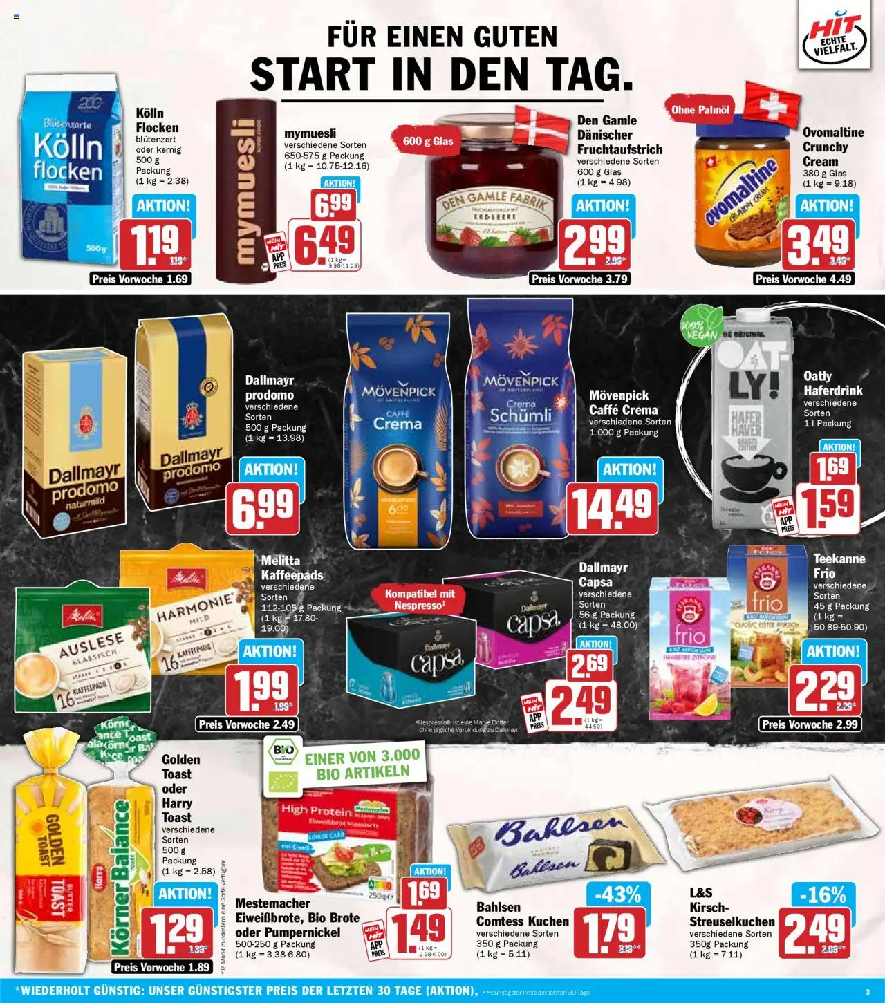 HIT Prospekt 	 - gültig ab dem 28.07.2025 | Seite: 3 | Produkte: Ovomaltine, Kuchen, Dallmayr prodomo, Flocken