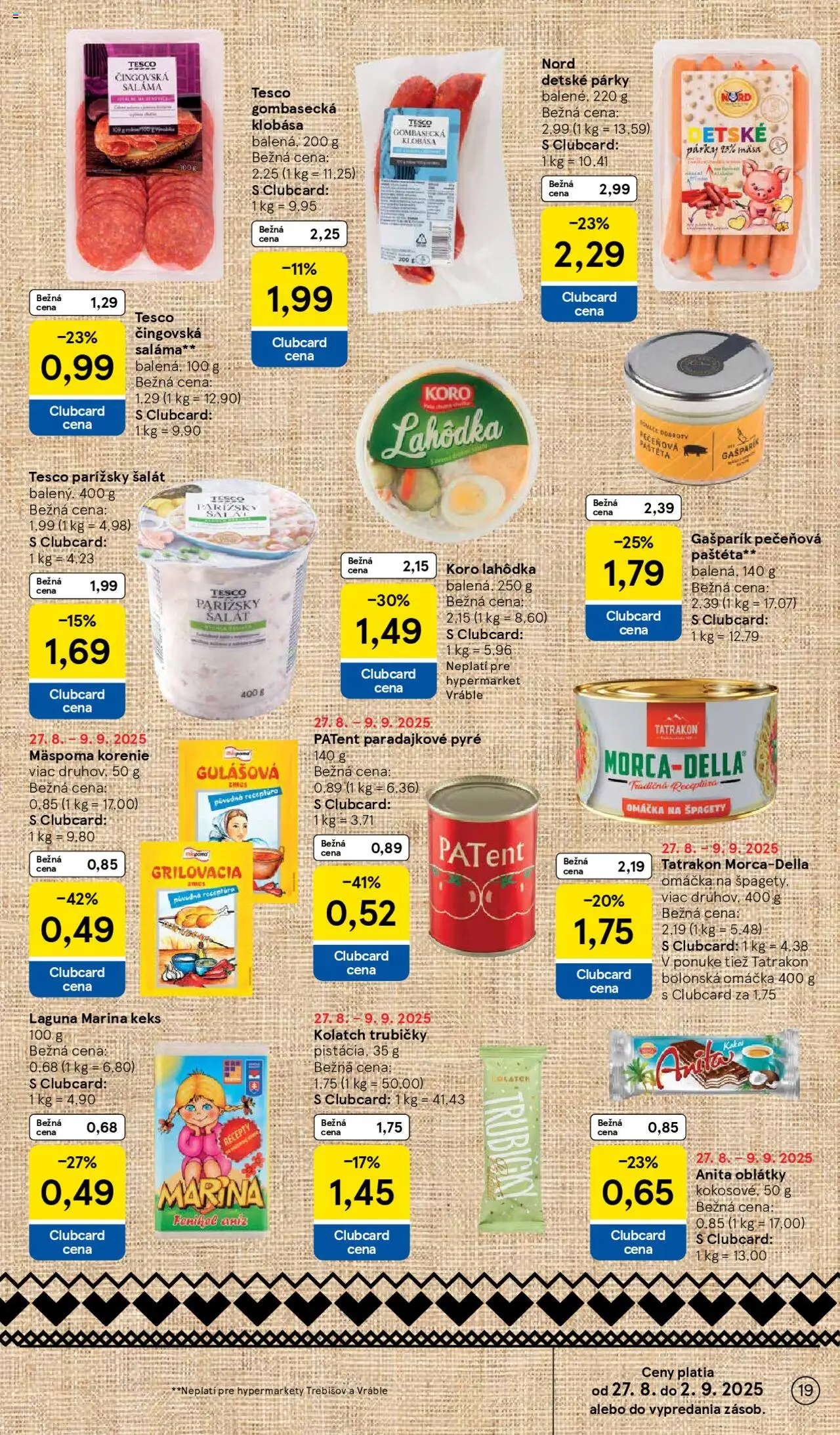 Tesco Hypermarket - leták │ platný od 27.08.2025 | Strana: 19 | Produkty: Saláma, Klobása, Šalát, Párky