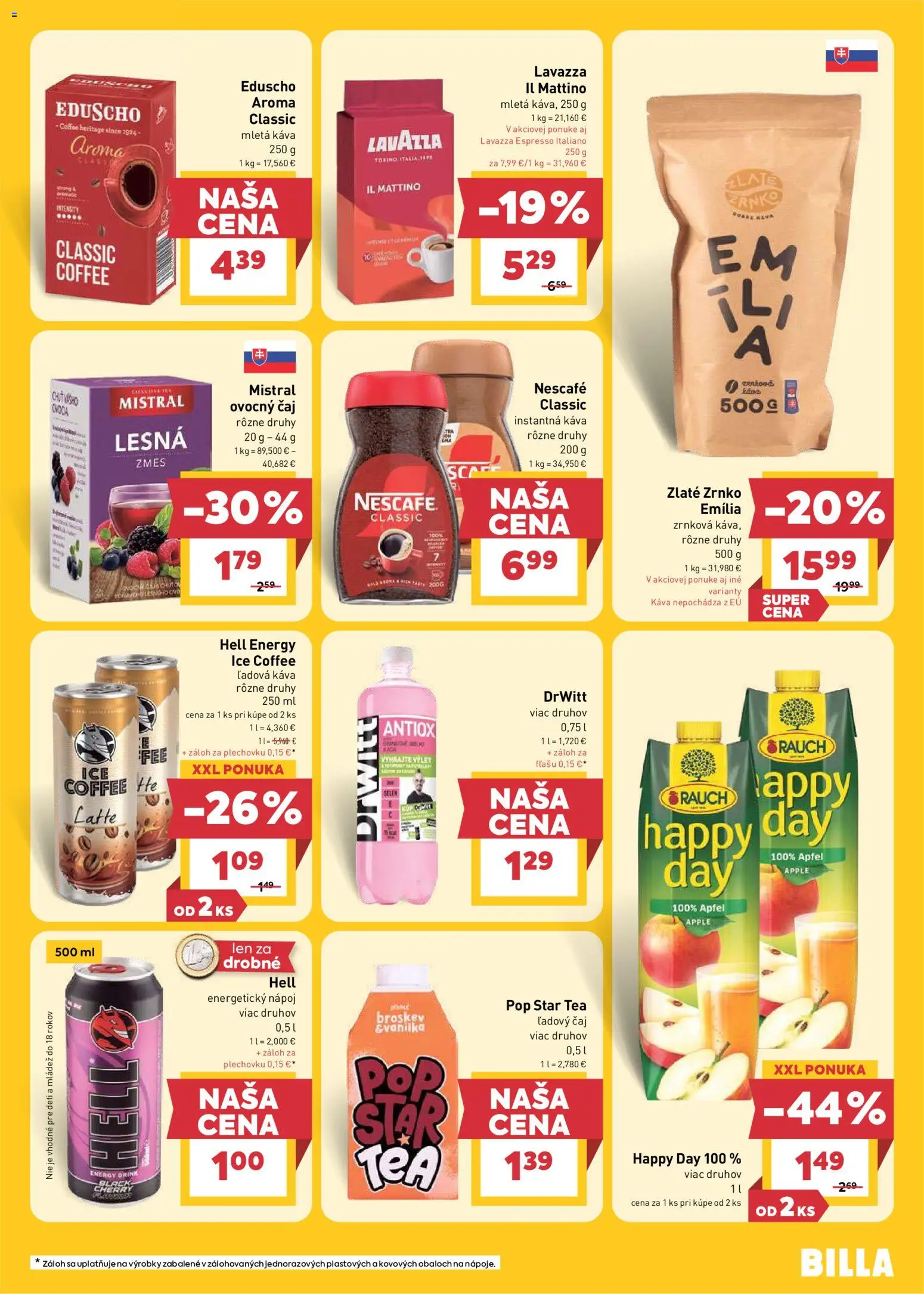 Nové Billa akcie – leták je platný od 22.04.2026 | Strana: 19 | Produkty: Káva, Čaj, Apple, Energetický nápoj