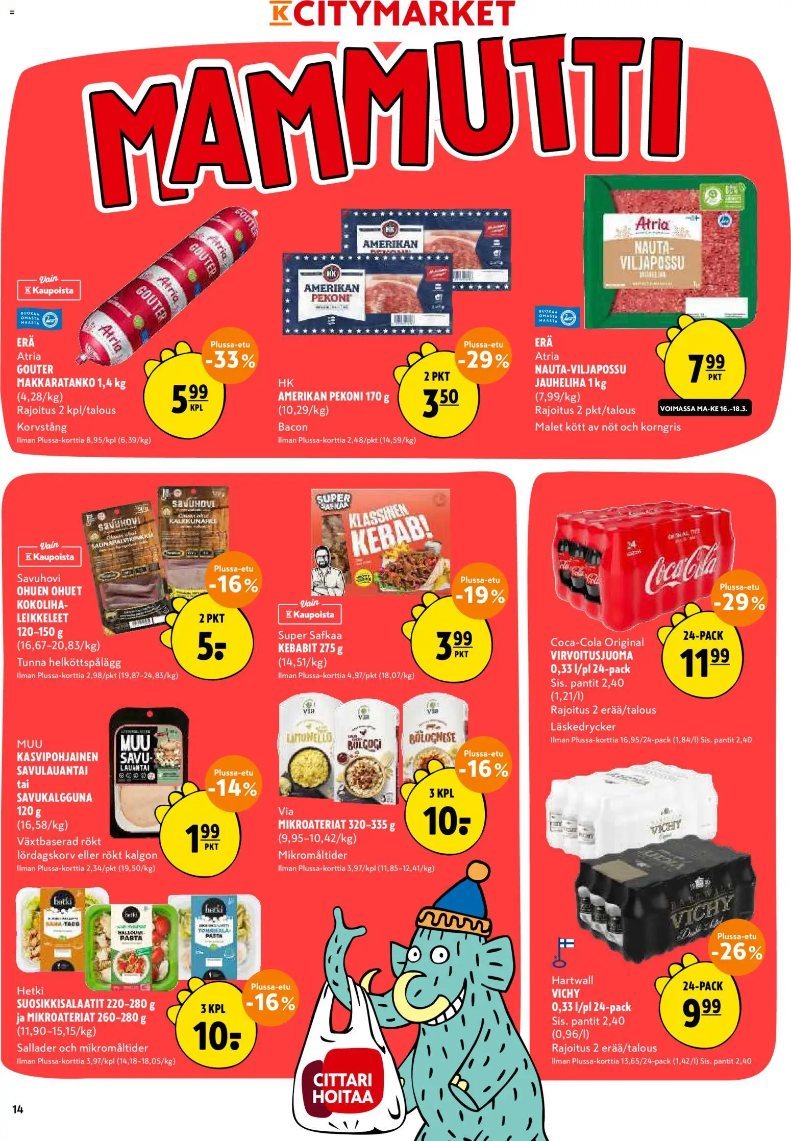 K-Citymarket tarjoukset – voimassa 16.03.2026 alkaen | Sivu: 14 | Tuotteet: Jauheliha, Pekoni, Pasta