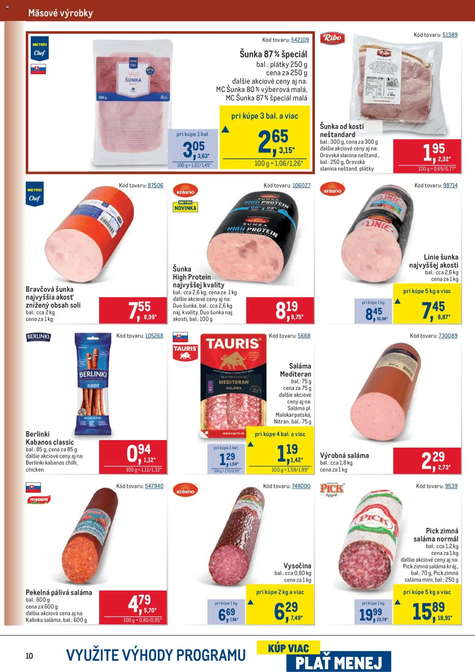Nové Metro akcie – leták je platný od 28.01.2026 | Strana: 10 | Produkty: Saláma, Šunka, Slanina, Protein