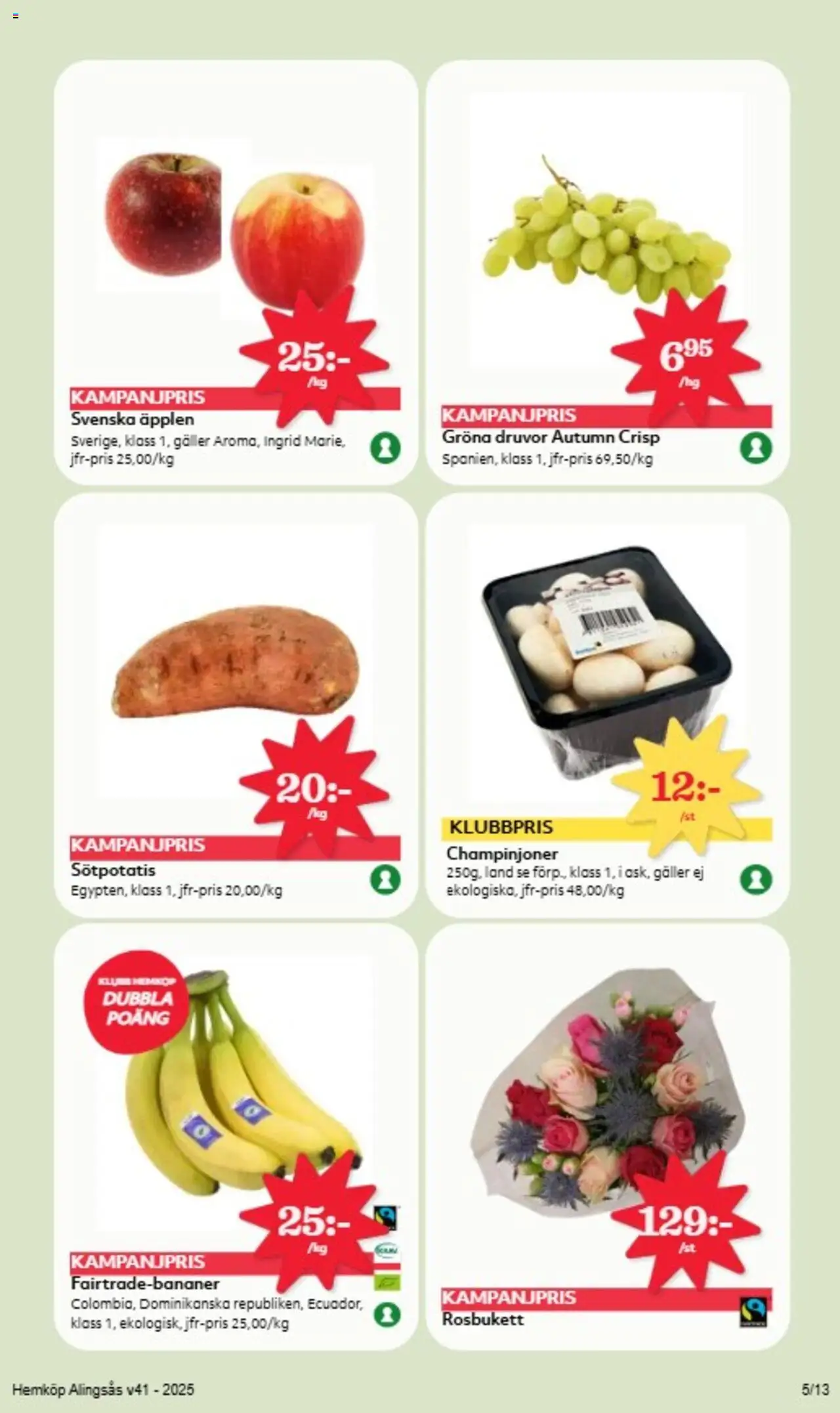 Hemköp reklamblad aktuell från 06.10.2025 | Sida: 5 | Produkter: Galler, Champinjoner, Äpplen, Sötpotatis