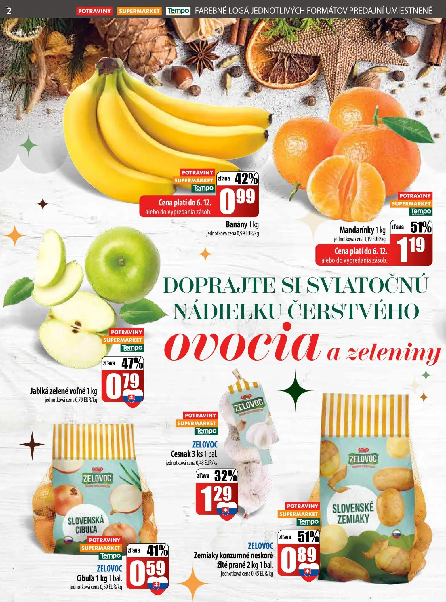 Nové COOP Jednota akcie – leták je platný od 04.12.2025 | Strana: 2 | Produkty: Jablká, Banány, Cesnak, Mandarinky