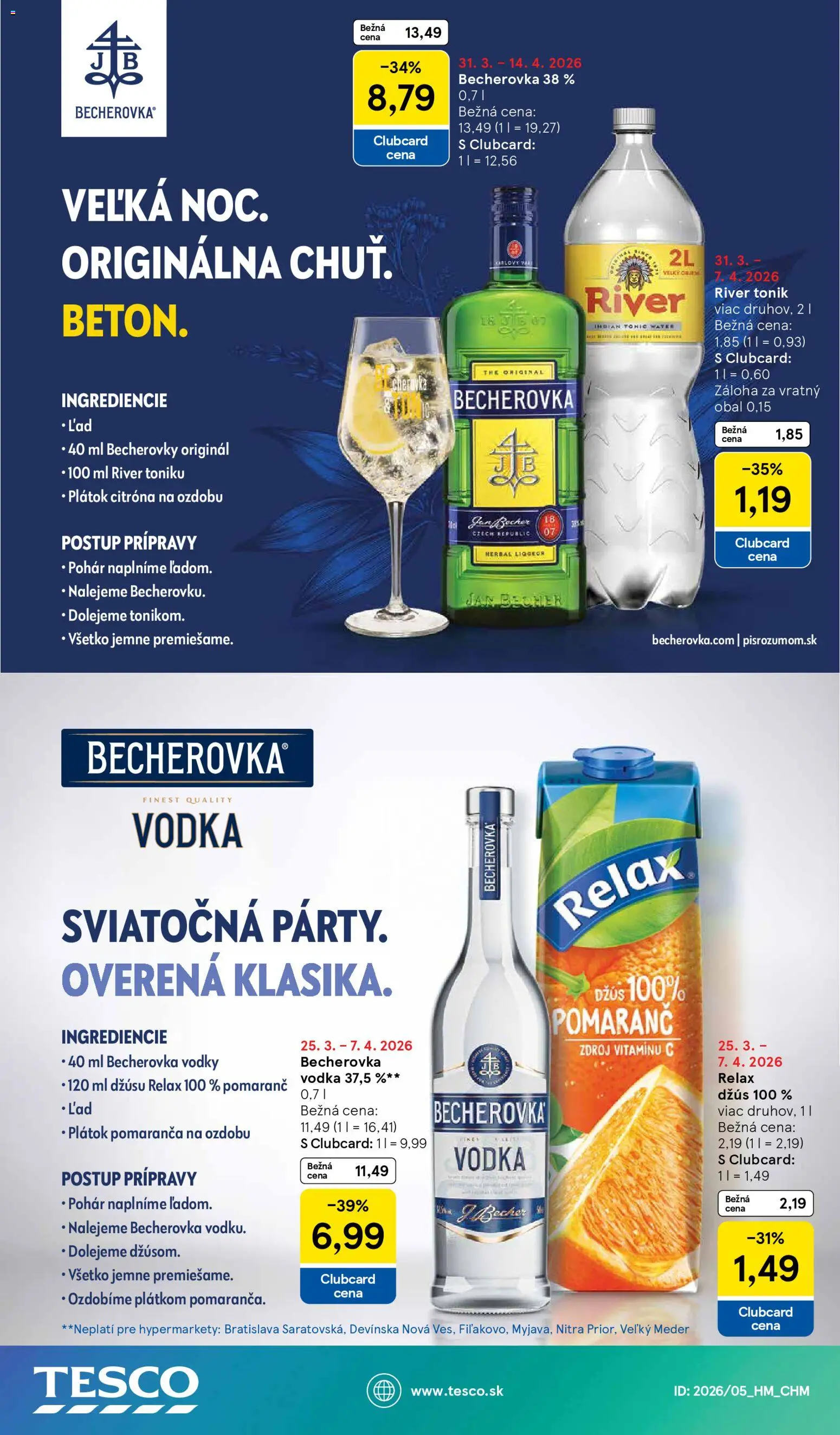 Nové Tesco akcie – leták je platný od 31.03.2026 | Strana: 45 | Produkty: Becherovka, Džús, Vodka