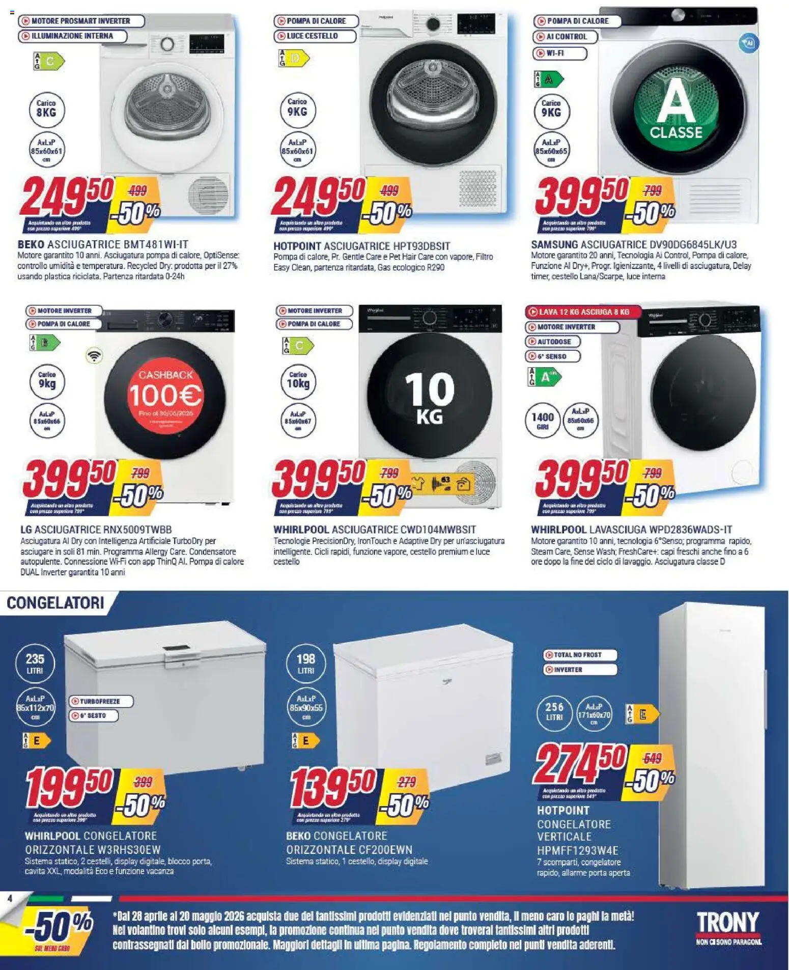 Volantino Trony del 28.04.2026 | Pagina: 4 | Prodotti: Lavasciuga, Asciugatrice, Congelatore, Samsung