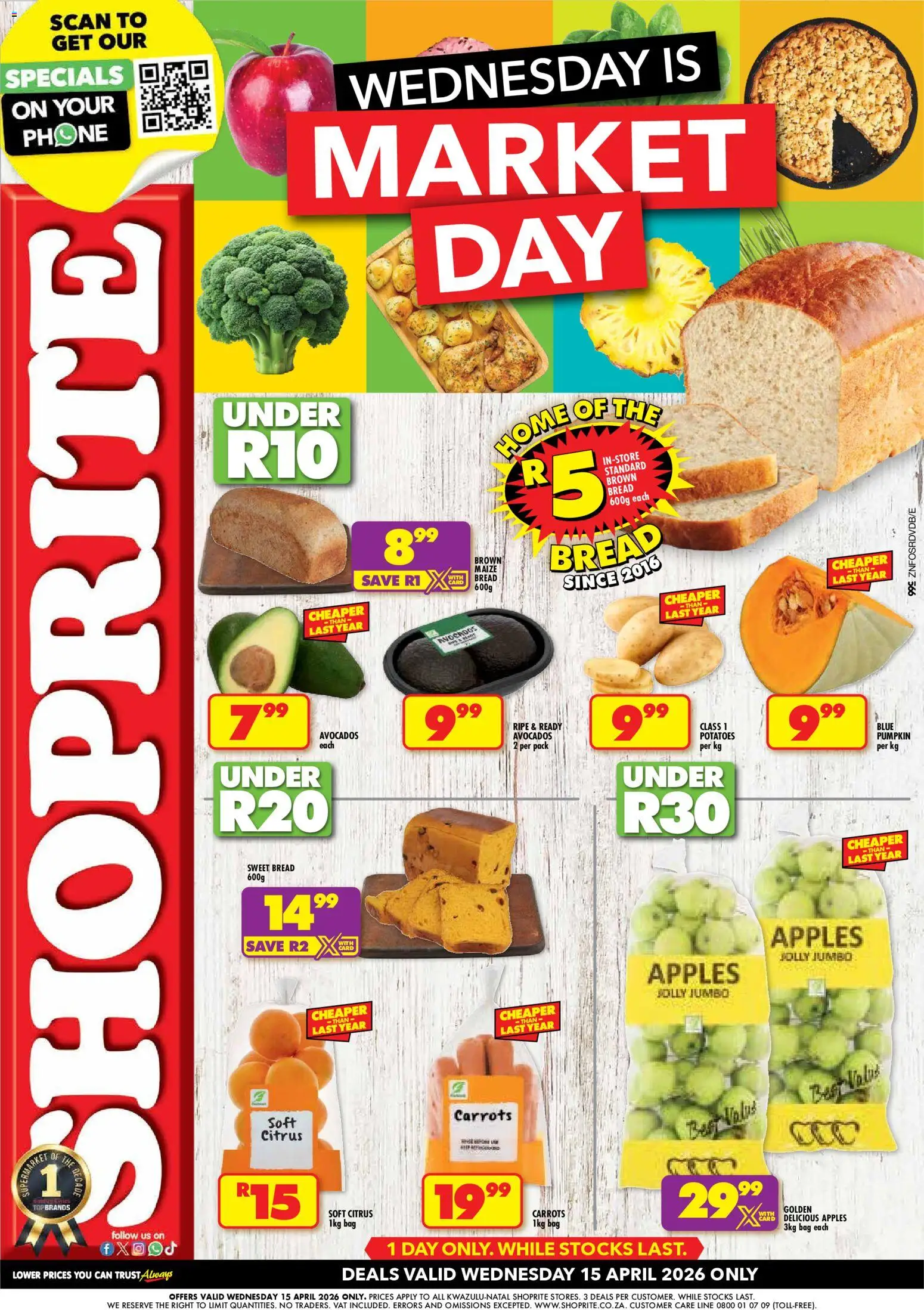 New Shoprite catalogue – valid from 15.04.2026 | Page: 1 | Products: Bread, Apples, Carrots, Avocados