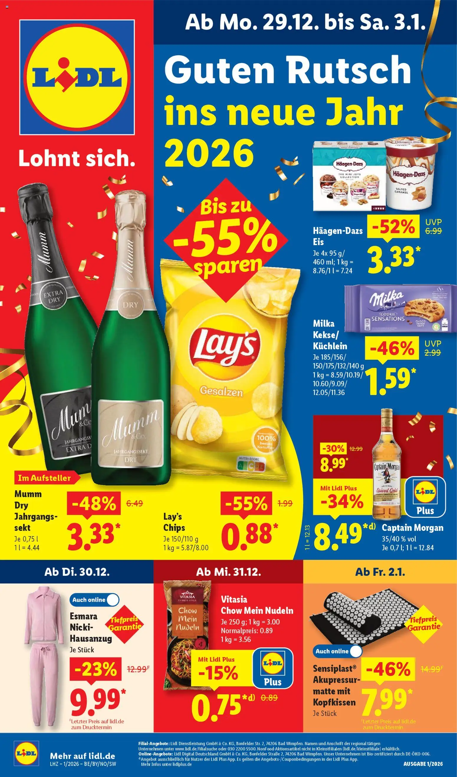 Lidl Prospekt Zossen – gültig ab 29.12.2025 | Seite: 1 | Produkte: Sekt, Bad, Kopfkissen, Milka