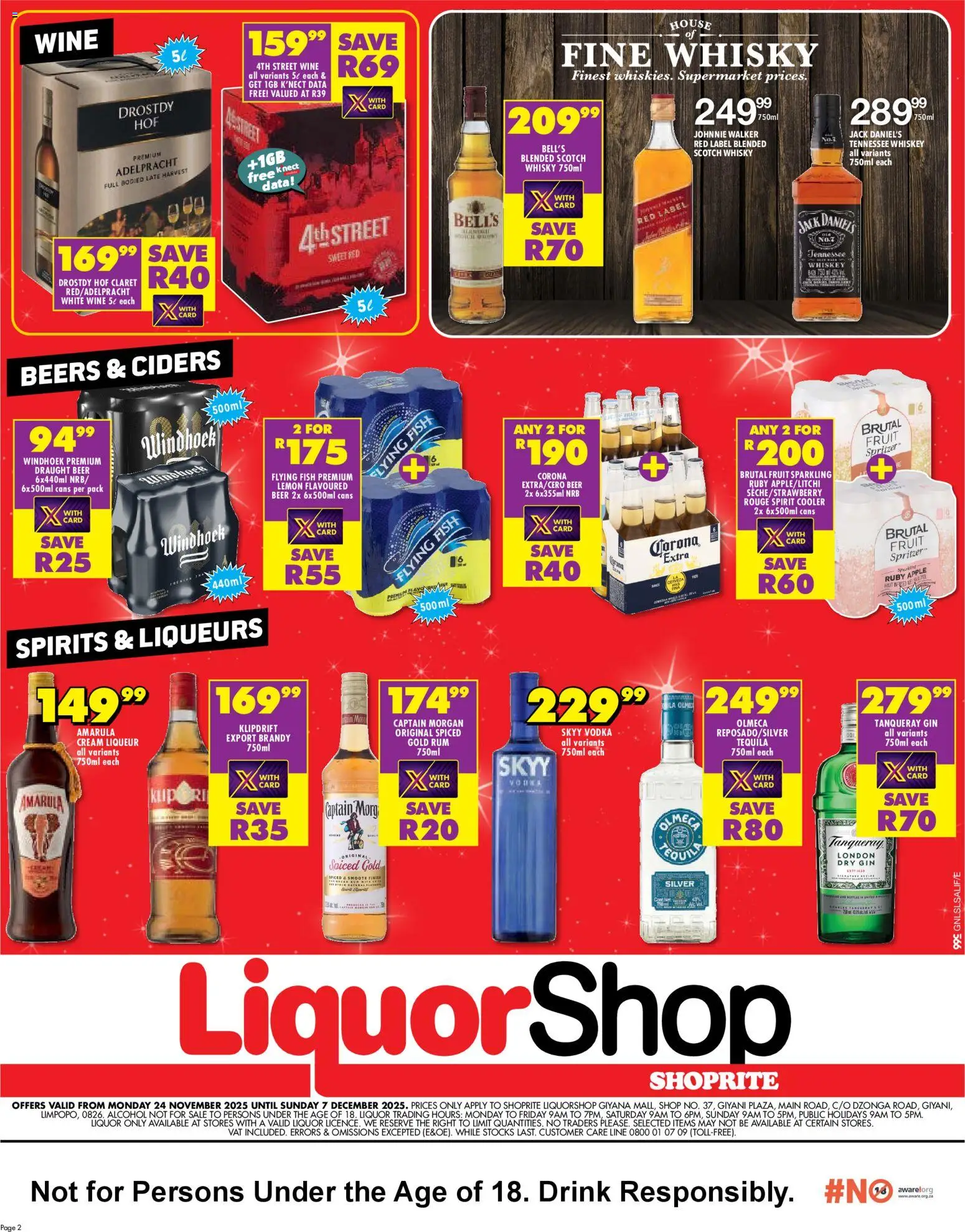 New Shoprite catalogue – valid from 24.11.2025 | Page: 2 | Products: Rum, Cooler, Wine, Vodka