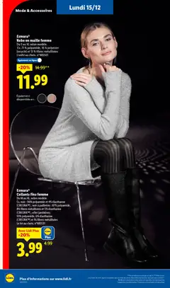 LIDL - Prévisualisation de Esmara® Collants fins femme, Du M au XL, selon modèle. Ex. noir: 96% polyamide et 4% élasthanne (CREORATM); noir à paillettes : 87% polyamide, 8% fibres métallisées et 5% élasthanne (CREORATM); effet jambières : 93% polyamide, 6% élasthanne (CREORATM) et 1% fibres métallisées Le lot au choix. n°485531 valide à partir de 11.12.2025 | Page: 78 | Produits: Robe, Collants