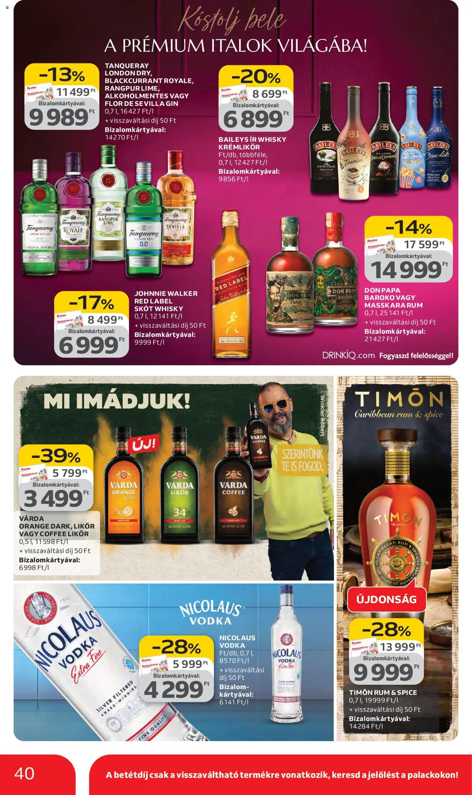 Auchan akciós ujság - amely érvényes a következő dátumtól: 05.03.2026 | Oldal: 40 | Termékek: Krémlikőr, Rum, Gin, Vodka