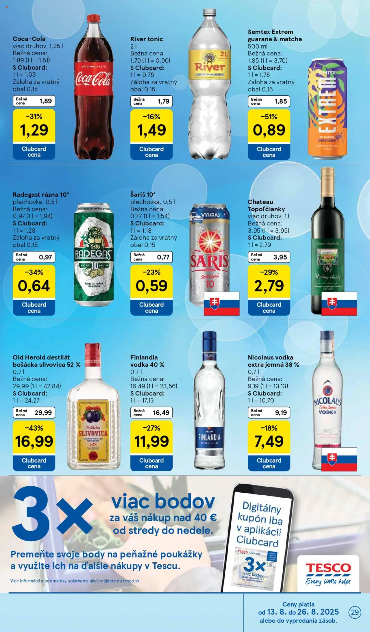 Tesco Hypermarket - leták │ platný od 13.08.2025 | Strana: 29 | Produkty: Bošácka slivovica, Vodka, Destilát, Nicolaus vodka