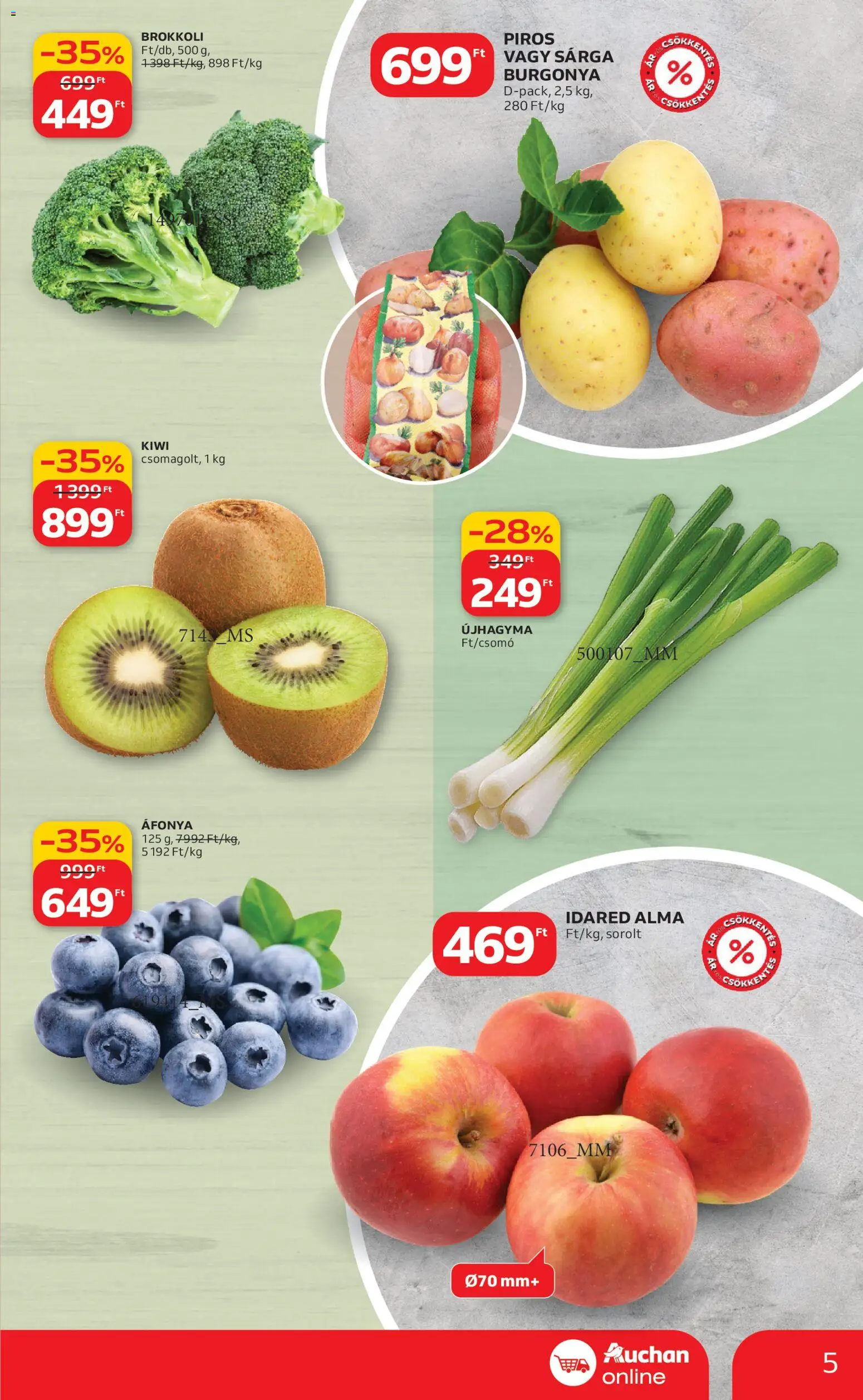Auchan akciós ujság - amely érvényes a következő dátumtól: 26.02.2026 | Oldal: 5 | Termékek: Áfonya, Burgonya, Alma, Brokkoli