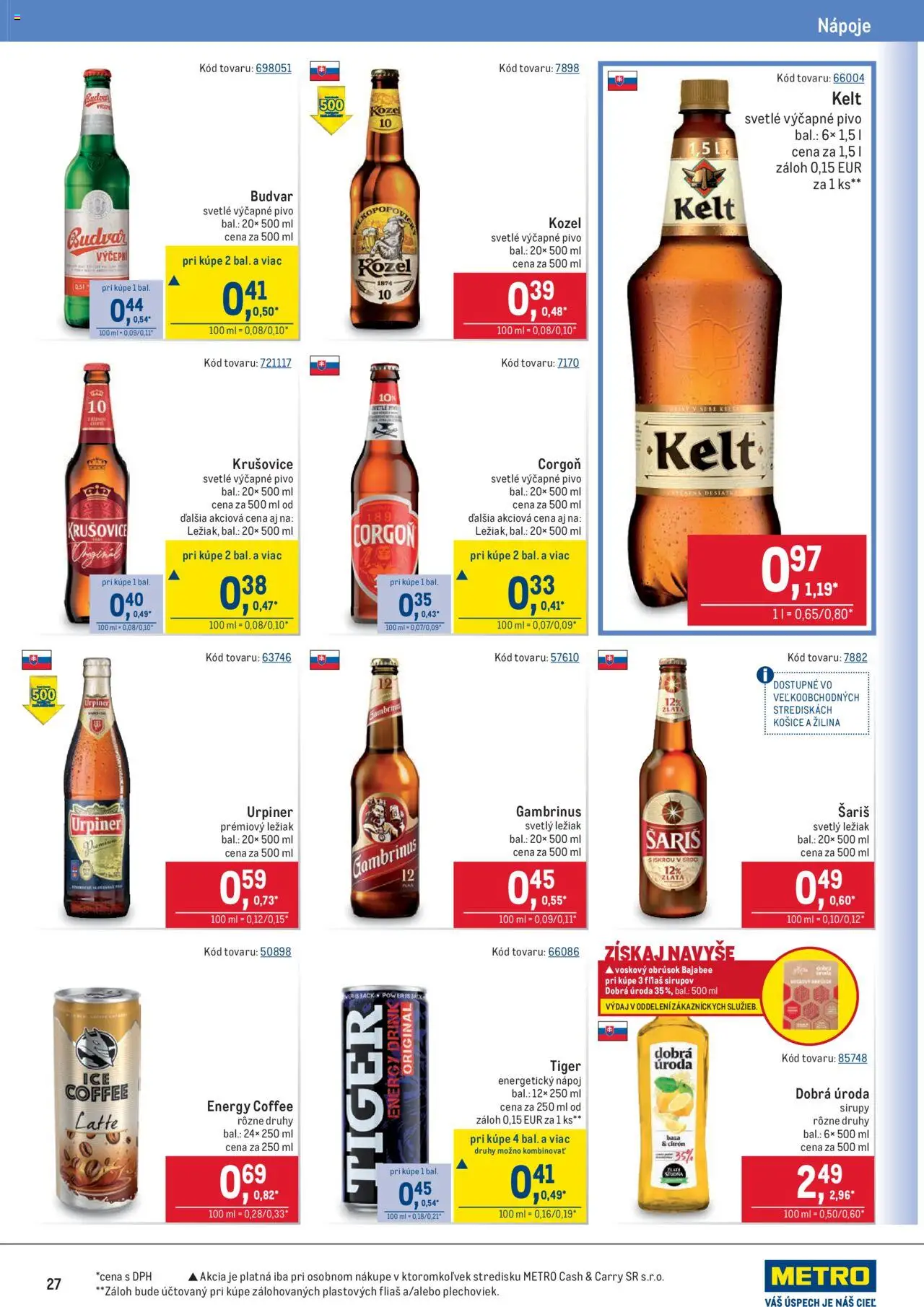 Nové Metro akcie – leták je platný od 08.10.2025 | Strana: 27 | Produkty: Kelt, Krušovice, Gambrinus, Energetický nápoj