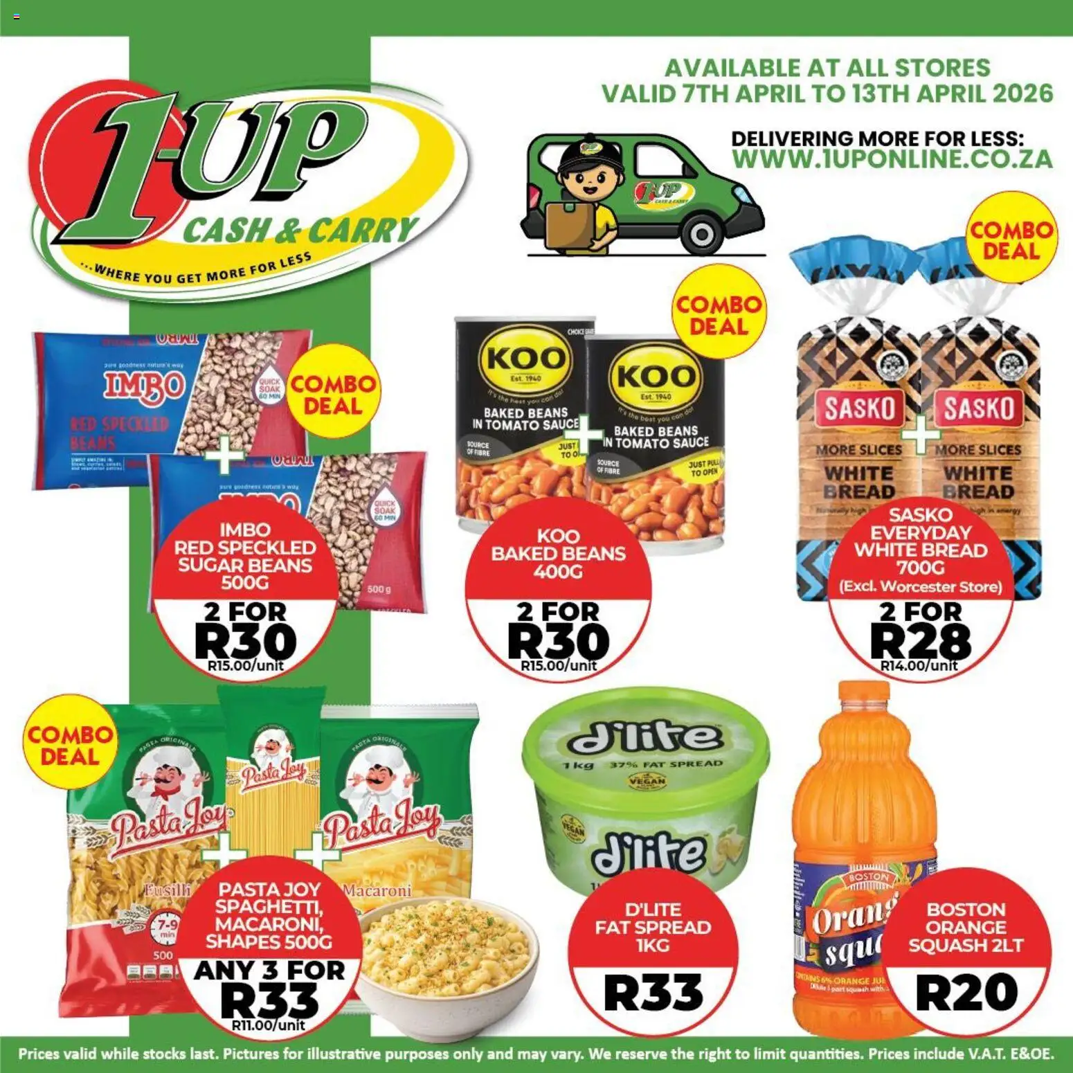 New 1UP Cash & Carry catalogue – valid from 07.04.2026 | Page: 3 | Products: Squash, Bread, Pasta, Tomato sauce